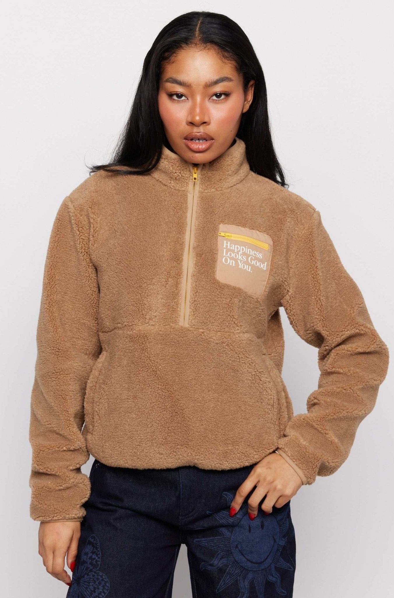 Shop Samii Ryan Samii Ryan Smiley® Sunshine Sherpa Jacket as seen on Sarah Jayne Dunn Jacket for women – premium loungewear and festival fashion at Spoiled Brat