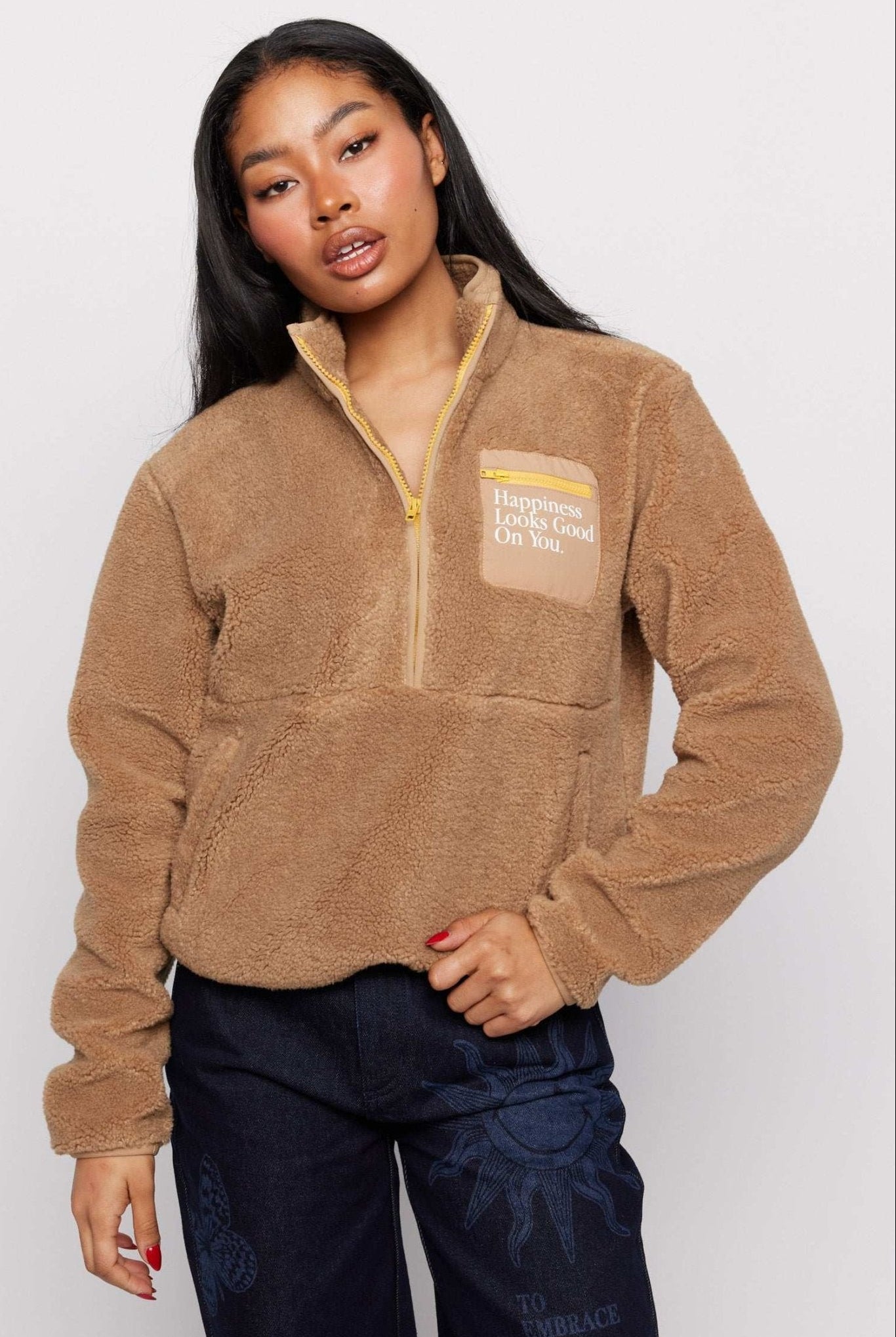 Shop Samii Ryan Samii Ryan Smiley® Sunshine Sherpa Jacket as seen on Sarah Jayne Dunn Jacket for women – premium loungewear and festival fashion at Spoiled Brat