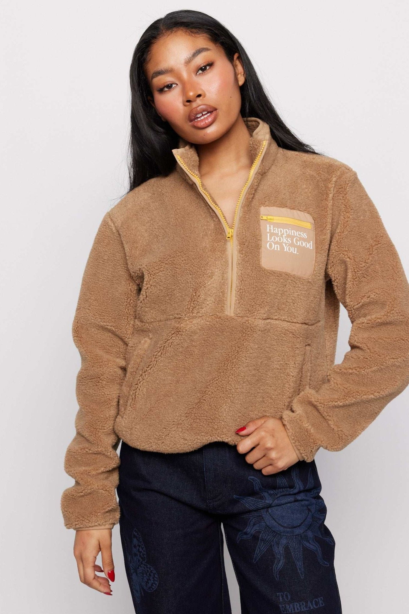 Shop Samii Ryan Samii Ryan Smiley® Sunshine Sherpa Jacket as seen on Sarah Jayne Dunn Jacket for women – premium loungewear and festival fashion at Spoiled Brat