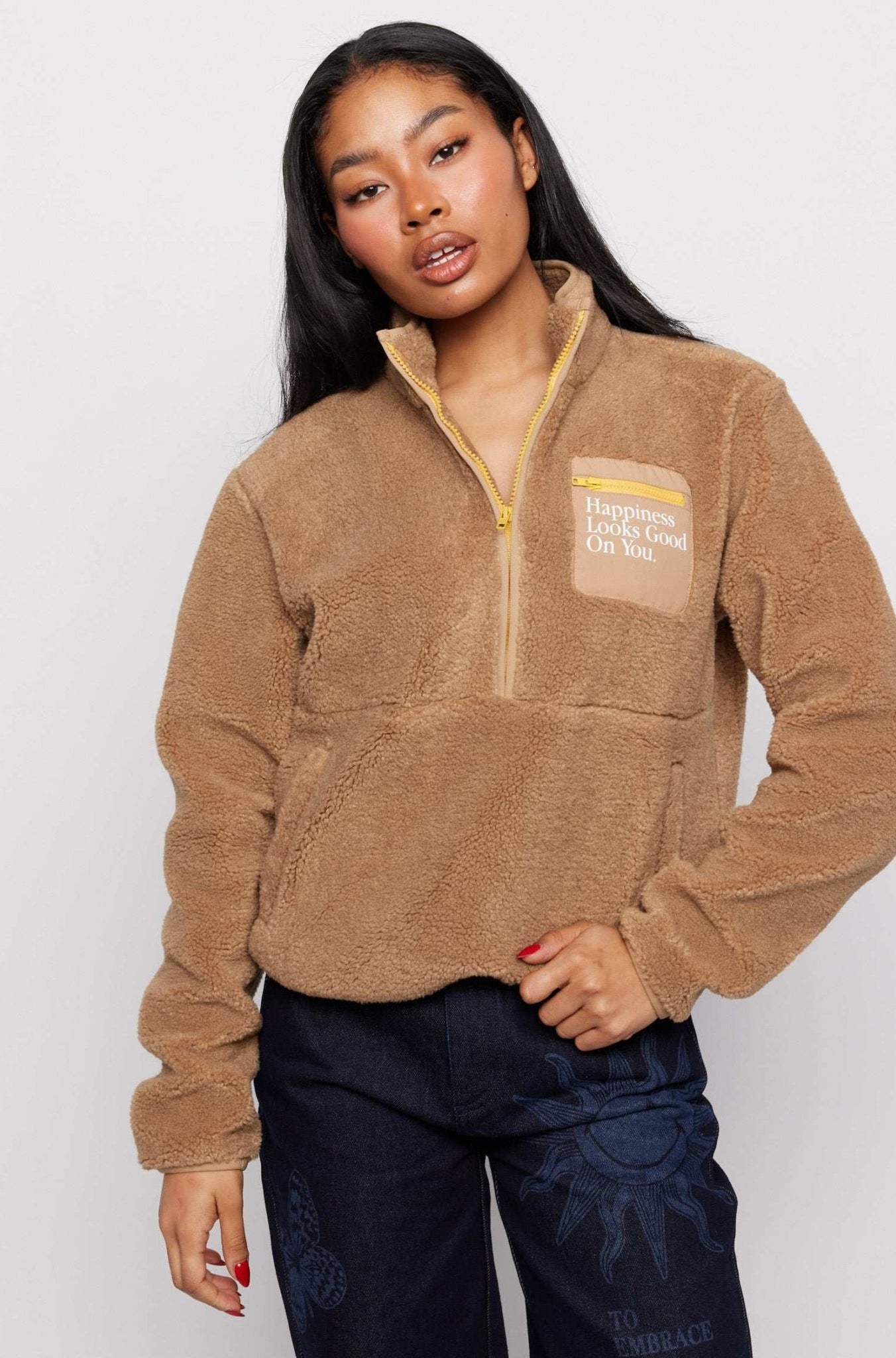 Shop Samii Ryan Samii Ryan Smiley® Sunshine Sherpa Jacket as seen on Sarah Jayne Dunn Jacket for women – premium loungewear and festival fashion at Spoiled Brat