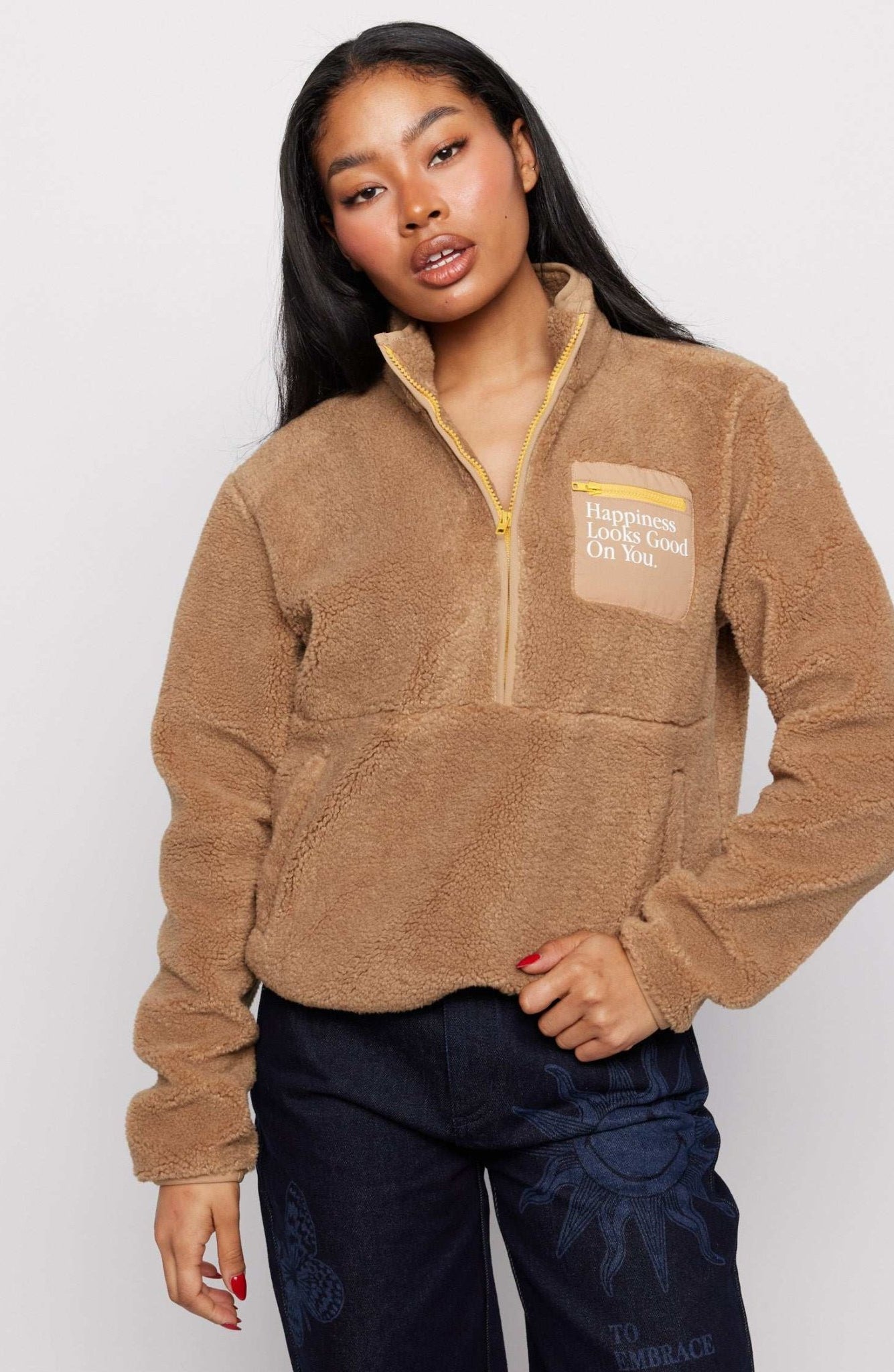 Shop Samii Ryan Samii Ryan Smiley® Sunshine Sherpa Jacket as seen on Sarah Jayne Dunn Jacket for women – premium loungewear and festival fashion at Spoiled Brat