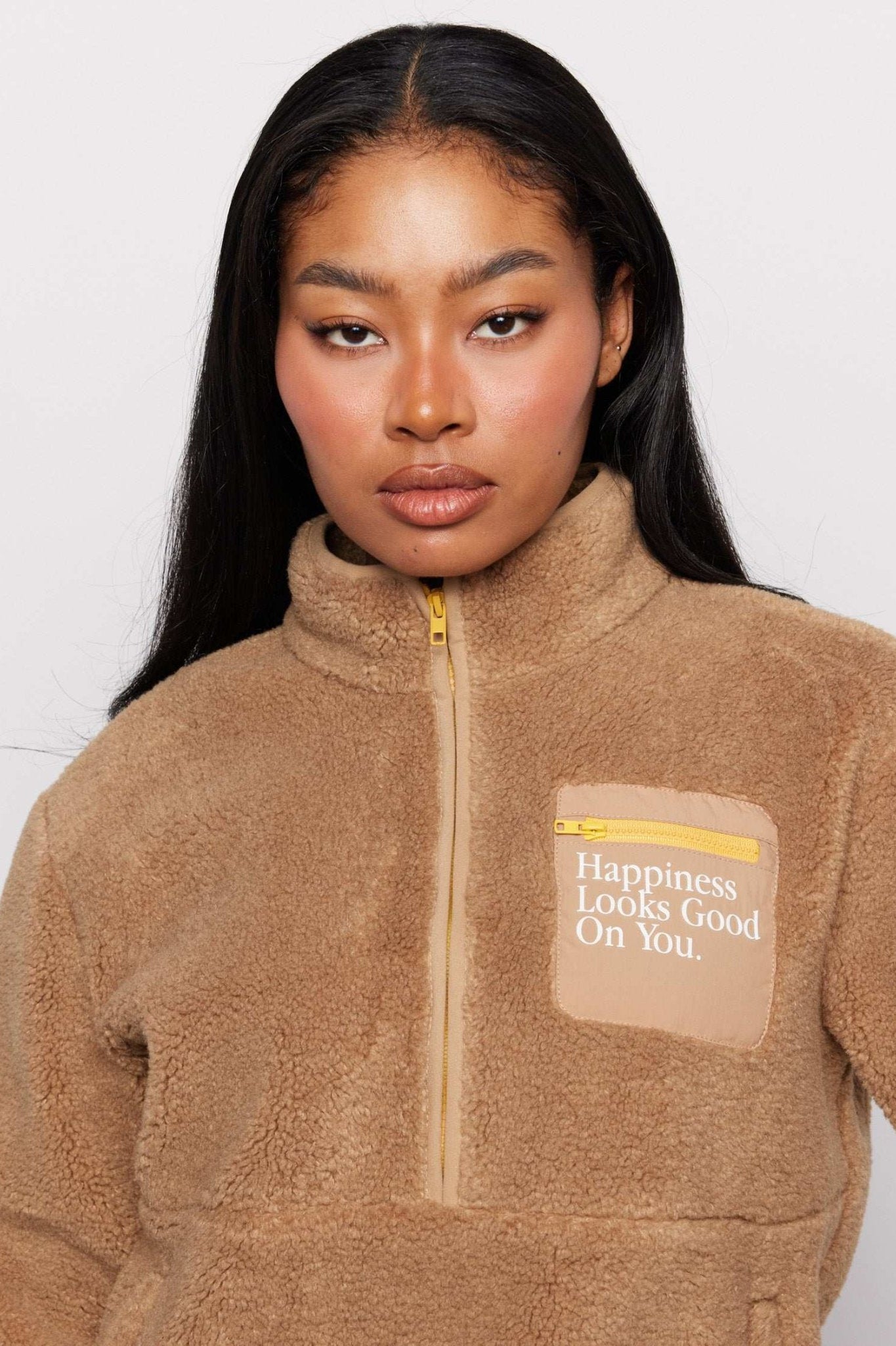 Shop Samii Ryan Samii Ryan Smiley® Sunshine Sherpa Jacket as seen on Sarah Jayne Dunn Jacket for women – premium loungewear and festival fashion at Spoiled Brat