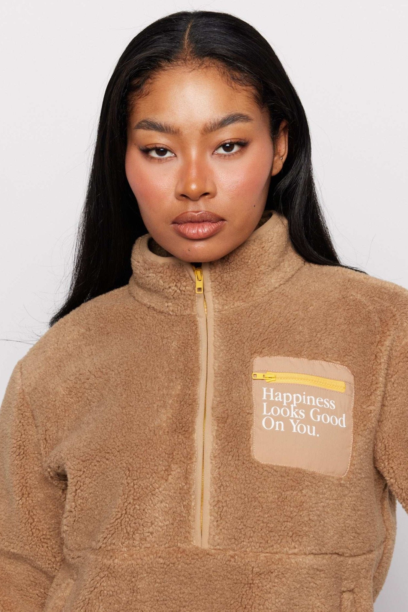 Shop Samii Ryan Samii Ryan Smiley® Sunshine Sherpa Jacket as seen on Sarah Jayne Dunn Jacket for women – premium loungewear and festival fashion at Spoiled Brat