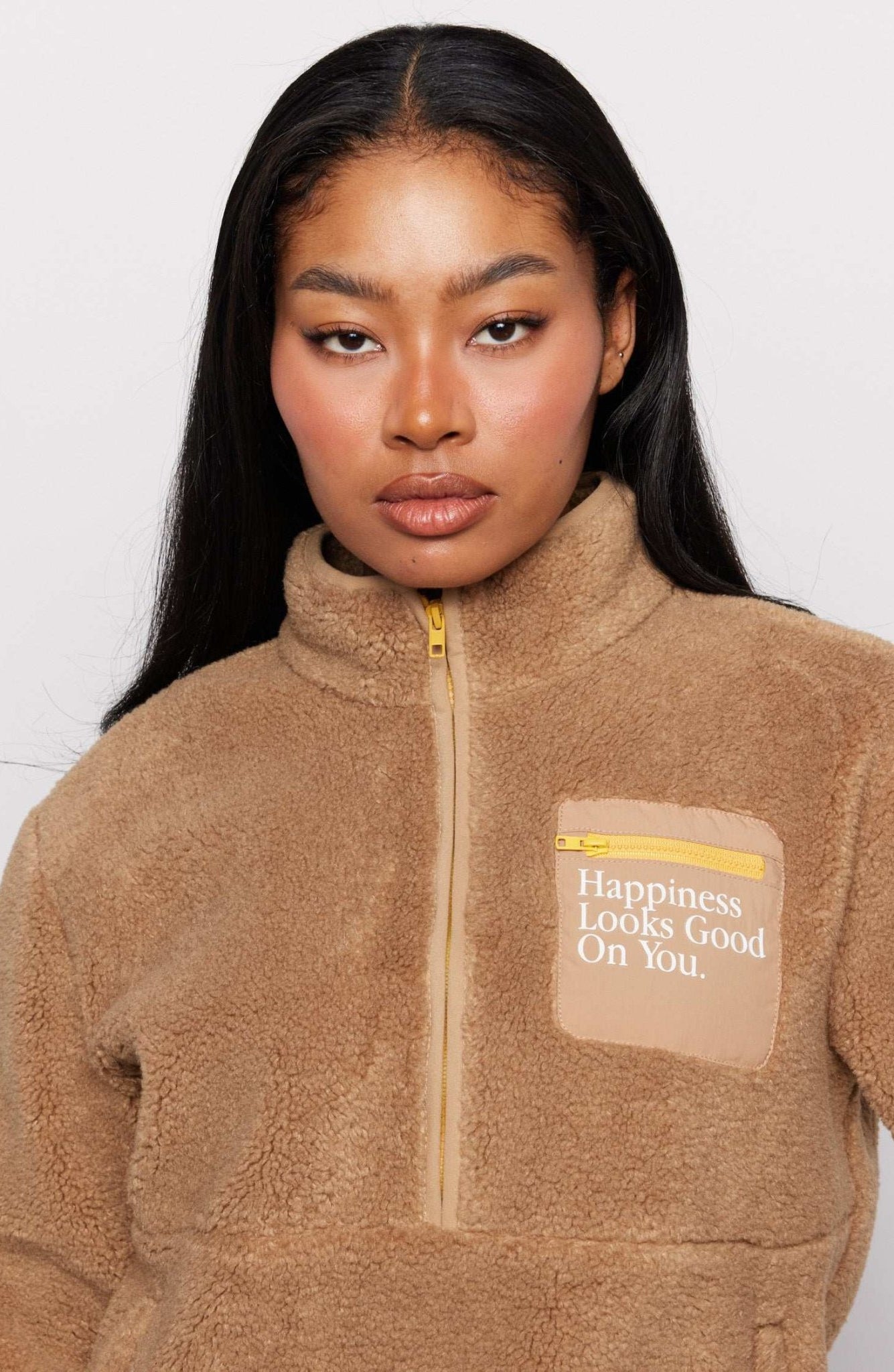 Shop Samii Ryan Samii Ryan Smiley® Sunshine Sherpa Jacket as seen on Sarah Jayne Dunn Jacket for women – premium loungewear and festival fashion at Spoiled Brat