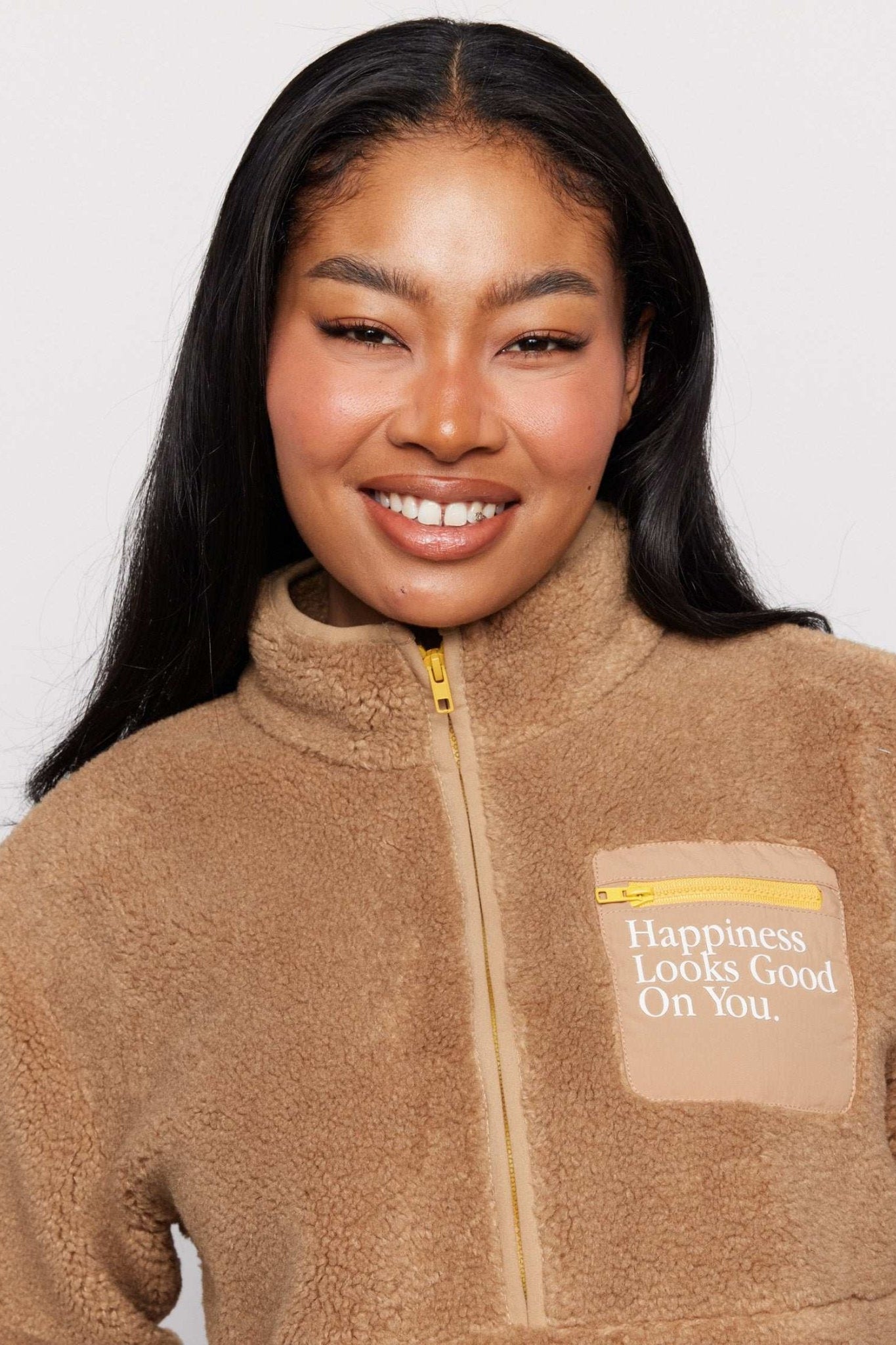 Shop Samii Ryan Samii Ryan Smiley® Sunshine Sherpa Jacket as seen on Sarah Jayne Dunn Jacket for women – premium loungewear and festival fashion at Spoiled Brat