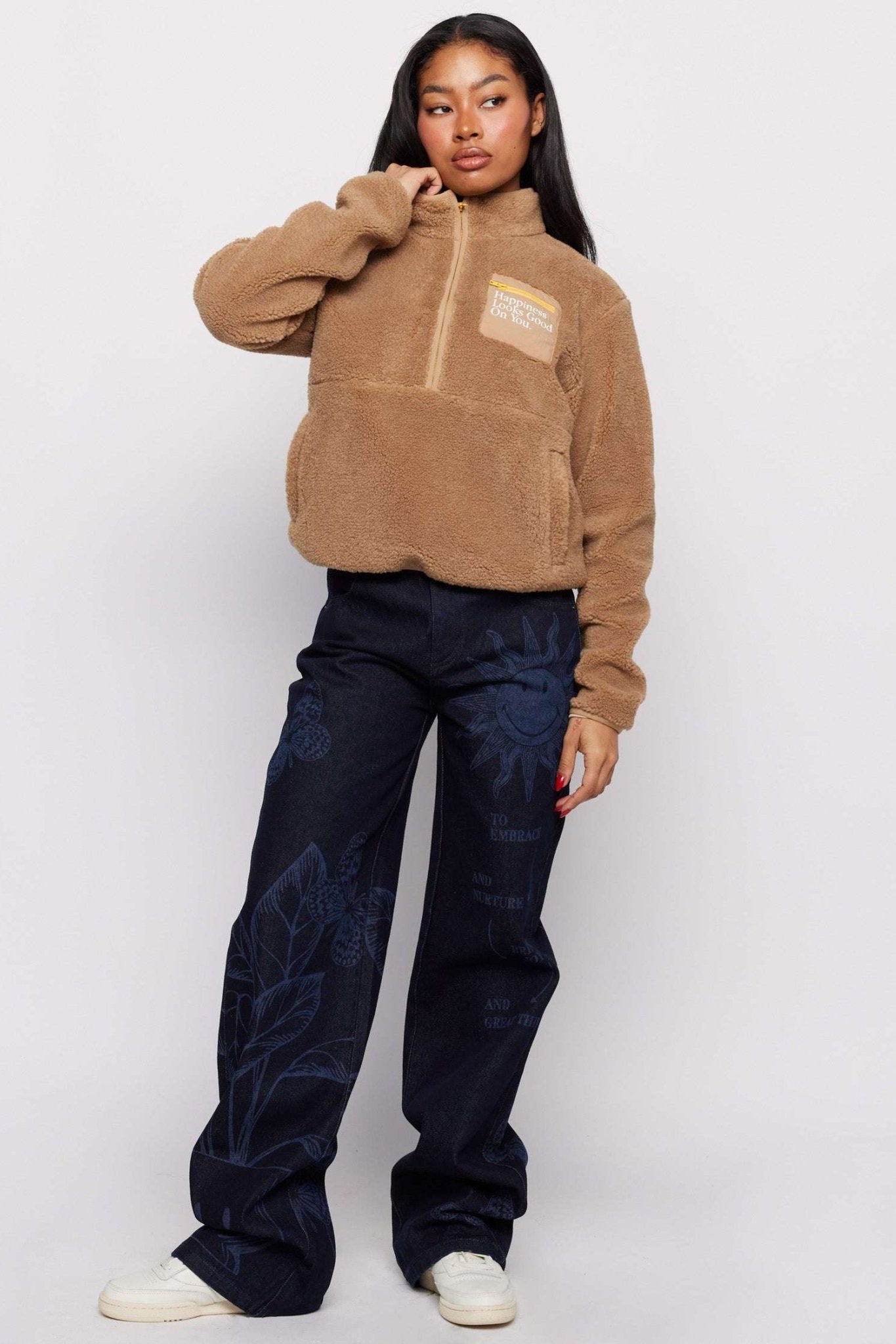 Shop Samii Ryan Samii Ryan Smiley® Sunshine Sherpa Jacket as seen on Sarah Jayne Dunn Jacket for women – premium loungewear and festival fashion at Spoiled Brat