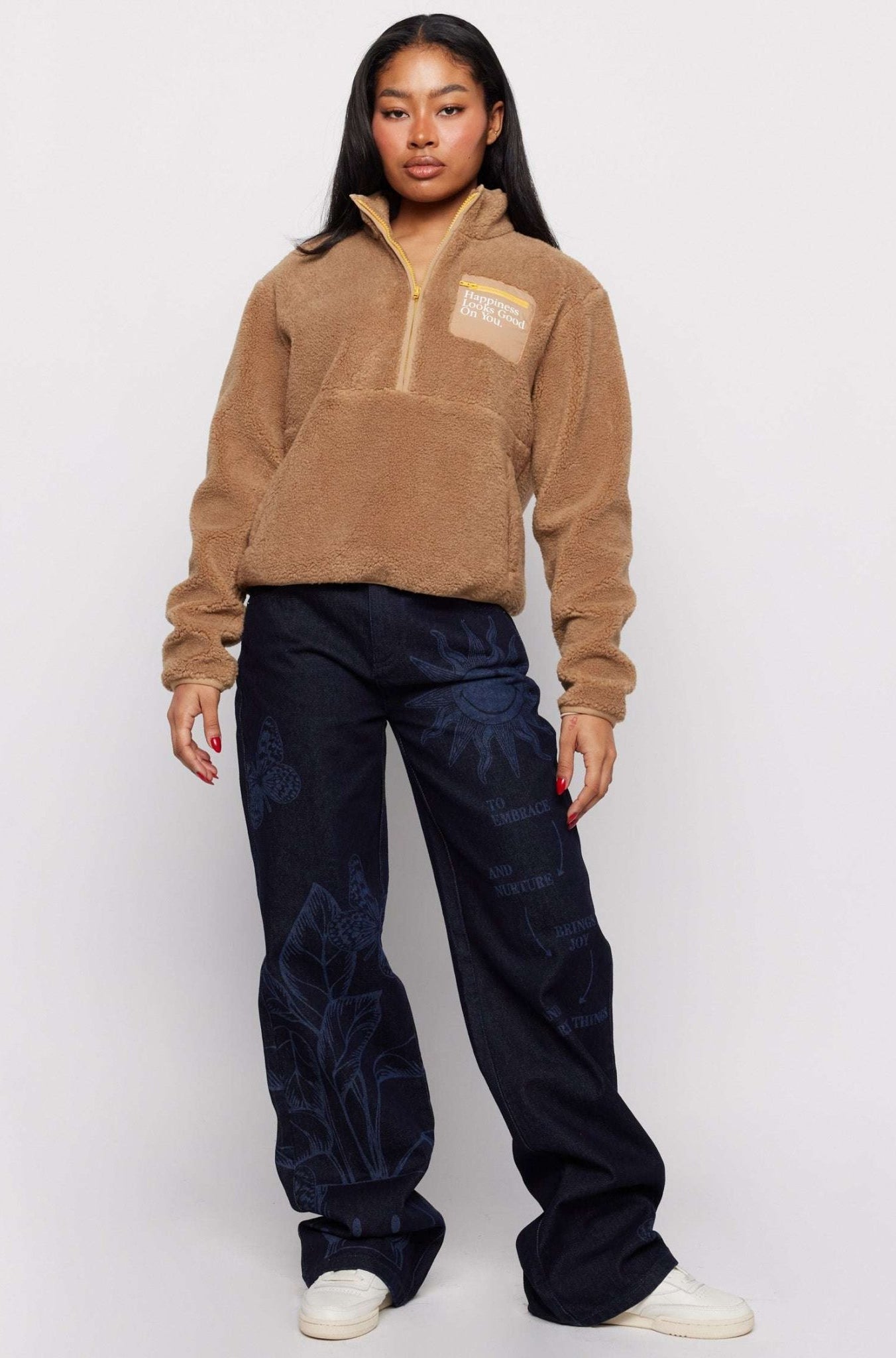 Shop Samii Ryan Samii Ryan Smiley® Sunshine Sherpa Jacket as seen on Sarah Jayne Dunn Jacket for women – premium loungewear and festival fashion at Spoiled Brat