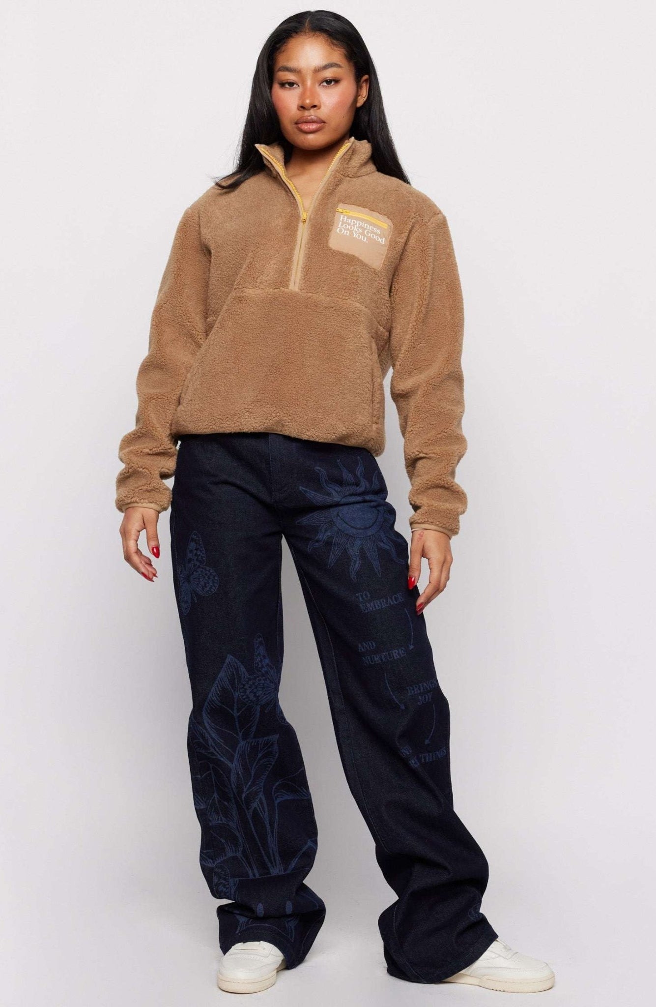 Shop Samii Ryan Samii Ryan Smiley® Sunshine Sherpa Jacket as seen on Sarah Jayne Dunn Jacket for women – premium loungewear and festival fashion at Spoiled Brat