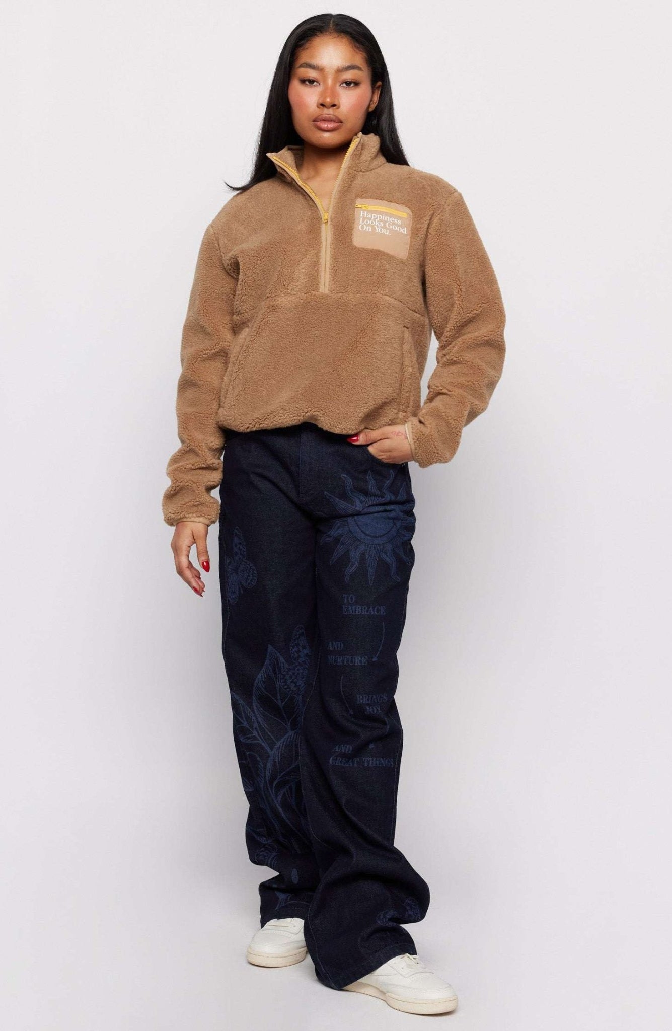 Shop Samii Ryan Samii Ryan Smiley® Sunshine Sherpa Jacket as seen on Sarah Jayne Dunn Jacket for women – premium loungewear and festival fashion at Spoiled Brat