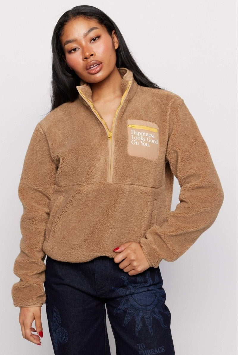 Shop Samii Ryan Samii Ryan Smiley® Sunshine Sherpa Jacket as seen on Sarah Jayne Dunn Jacket for women – premium loungewear and festival fashion at Spoiled Brat