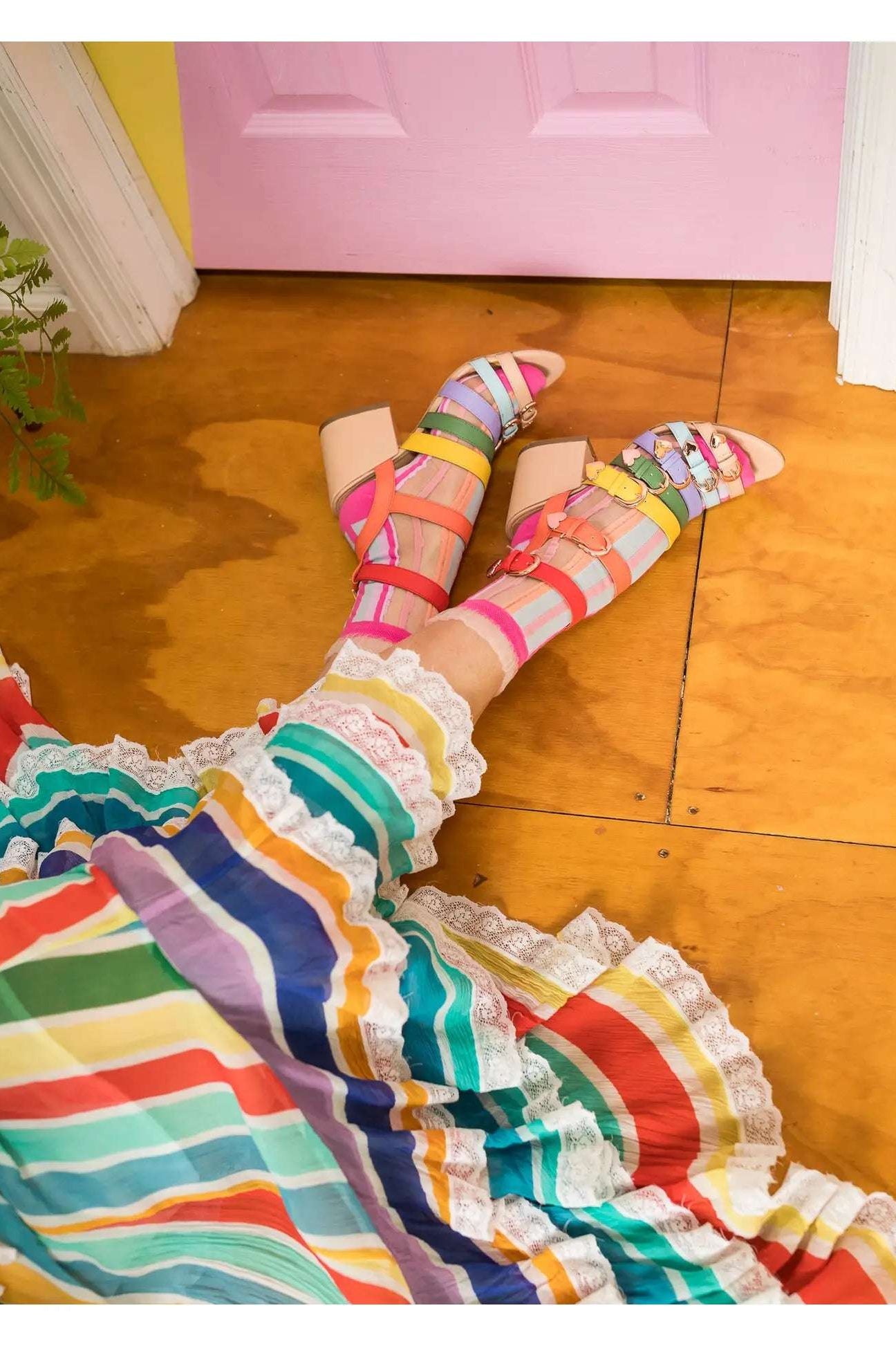 Shop Sock Candy Sock Candy Candy Stripe Ruffle Crew Sock Socks for women – premium loungewear and festival fashion at Spoiled Brat