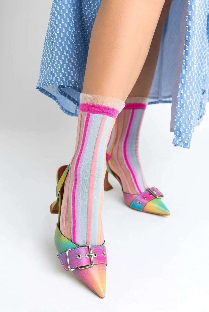 Shop Sock Candy Sock Candy Candy Stripe Ruffle Crew Sock Socks for women – premium loungewear and festival fashion at Spoiled Brat