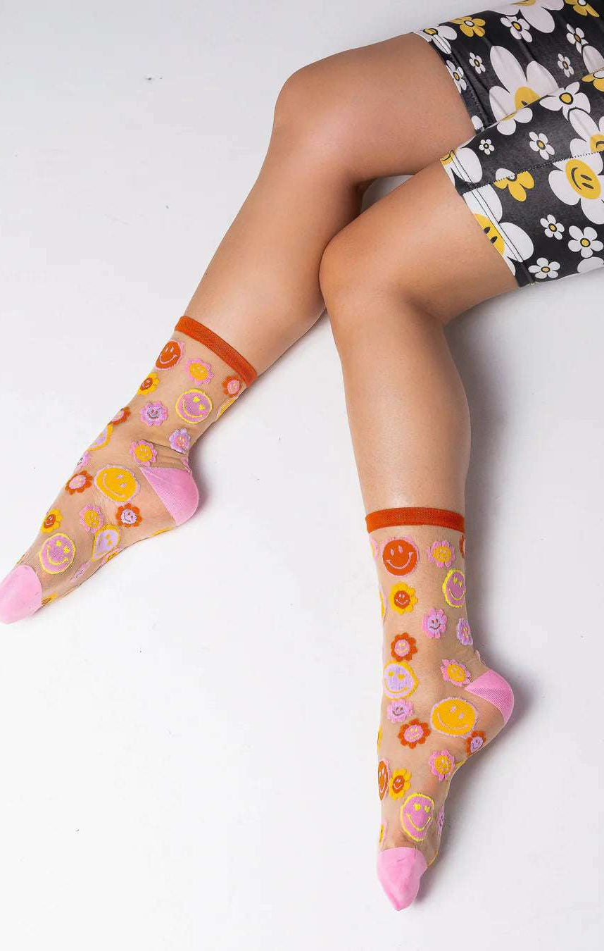 Shop Sock Candy Sock Candy Smiley Face Daisy Sheer Crew Socks Socks for women – premium loungewear and festival fashion at Spoiled Brat