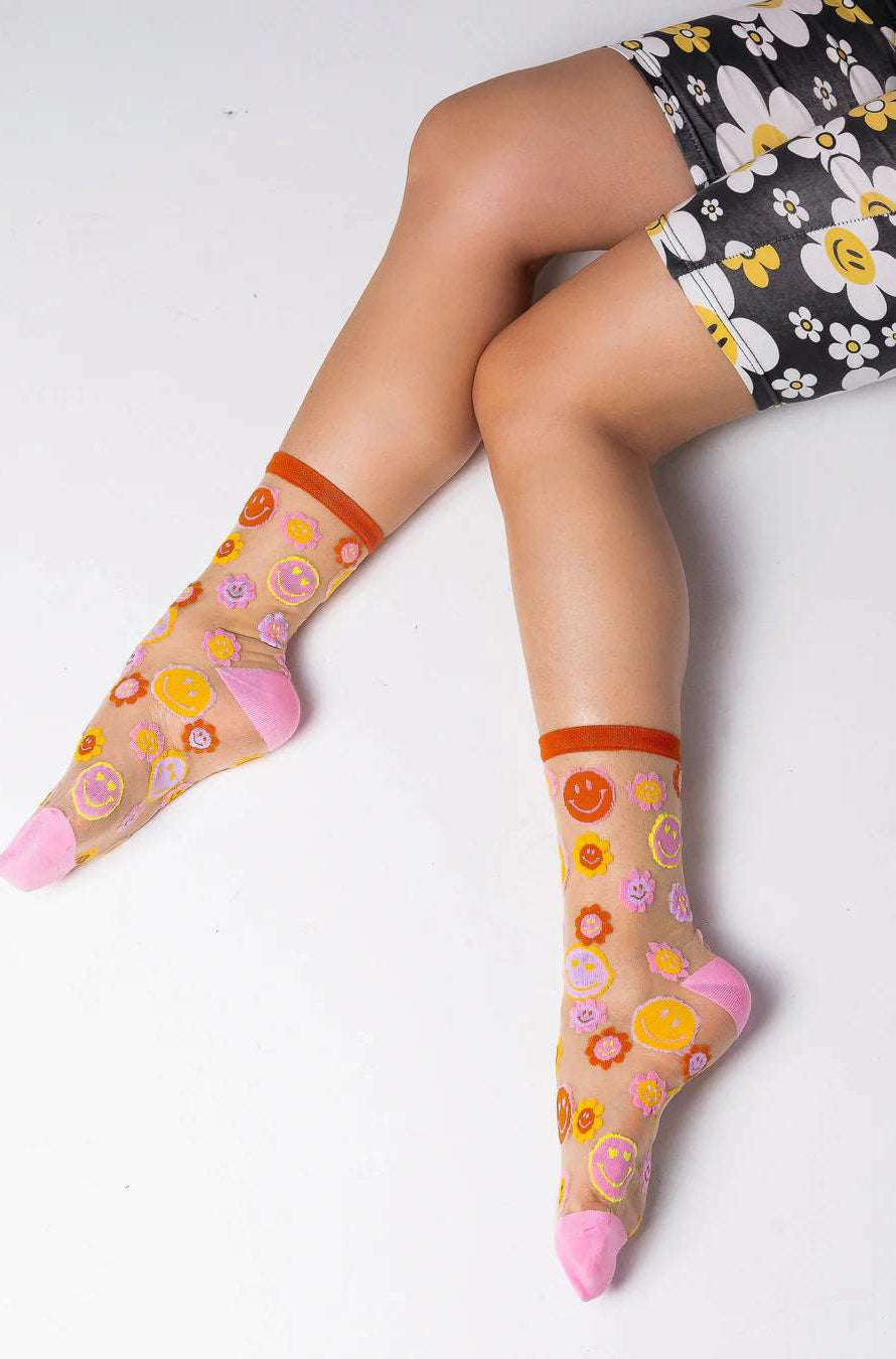 Shop Sock Candy Sock Candy Smiley Face Daisy Sheer Crew Socks Socks for women – premium loungewear and festival fashion at Spoiled Brat