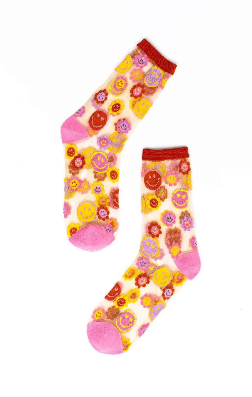 Shop Sock Candy Sock Candy Smiley Face Daisy Sheer Crew Socks Socks for women – premium loungewear and festival fashion at Spoiled Brat