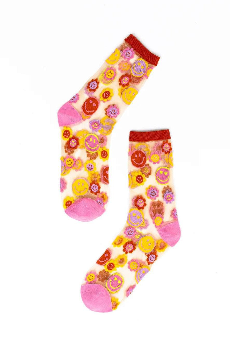 Shop Sock Candy Sock Candy Smiley Face Daisy Sheer Crew Socks Socks for women – premium loungewear and festival fashion at Spoiled Brat