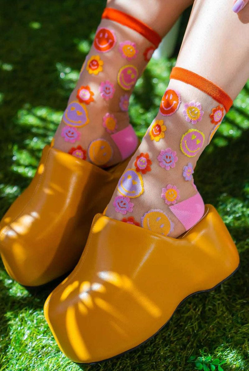 Shop Sock Candy Sock Candy Smiley Face Daisy Sheer Crew Socks Socks for women – premium loungewear and festival fashion at Spoiled Brat