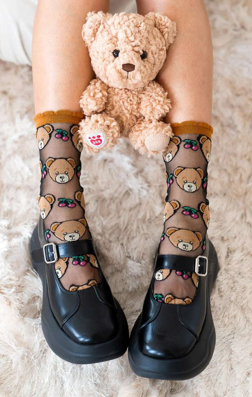 Shop Sock Candy Sock Candy Teddy Bear Ruffle Black Sheer Crew Sock Socks for women – premium loungewear and festival fashion at Spoiled Brat