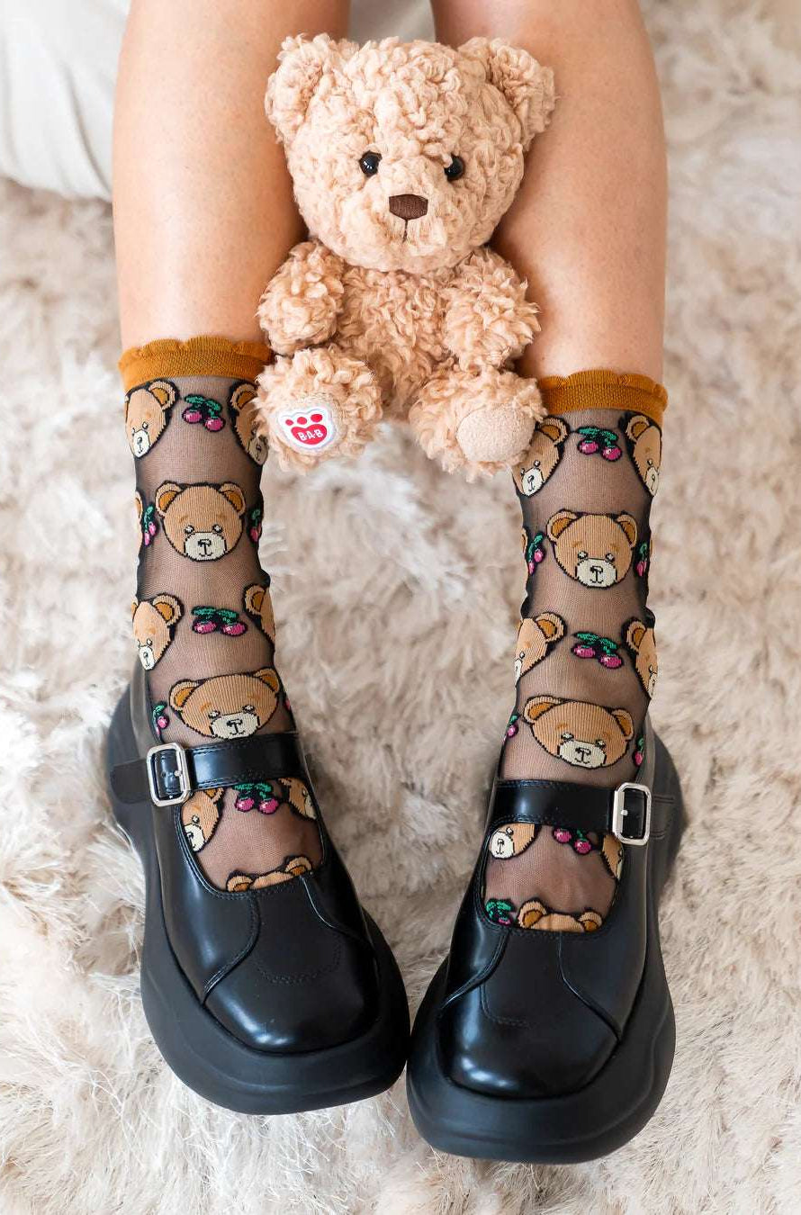 Shop Sock Candy Sock Candy Teddy Bear Ruffle Black Sheer Crew Sock Socks for women – premium loungewear and festival fashion at Spoiled Brat