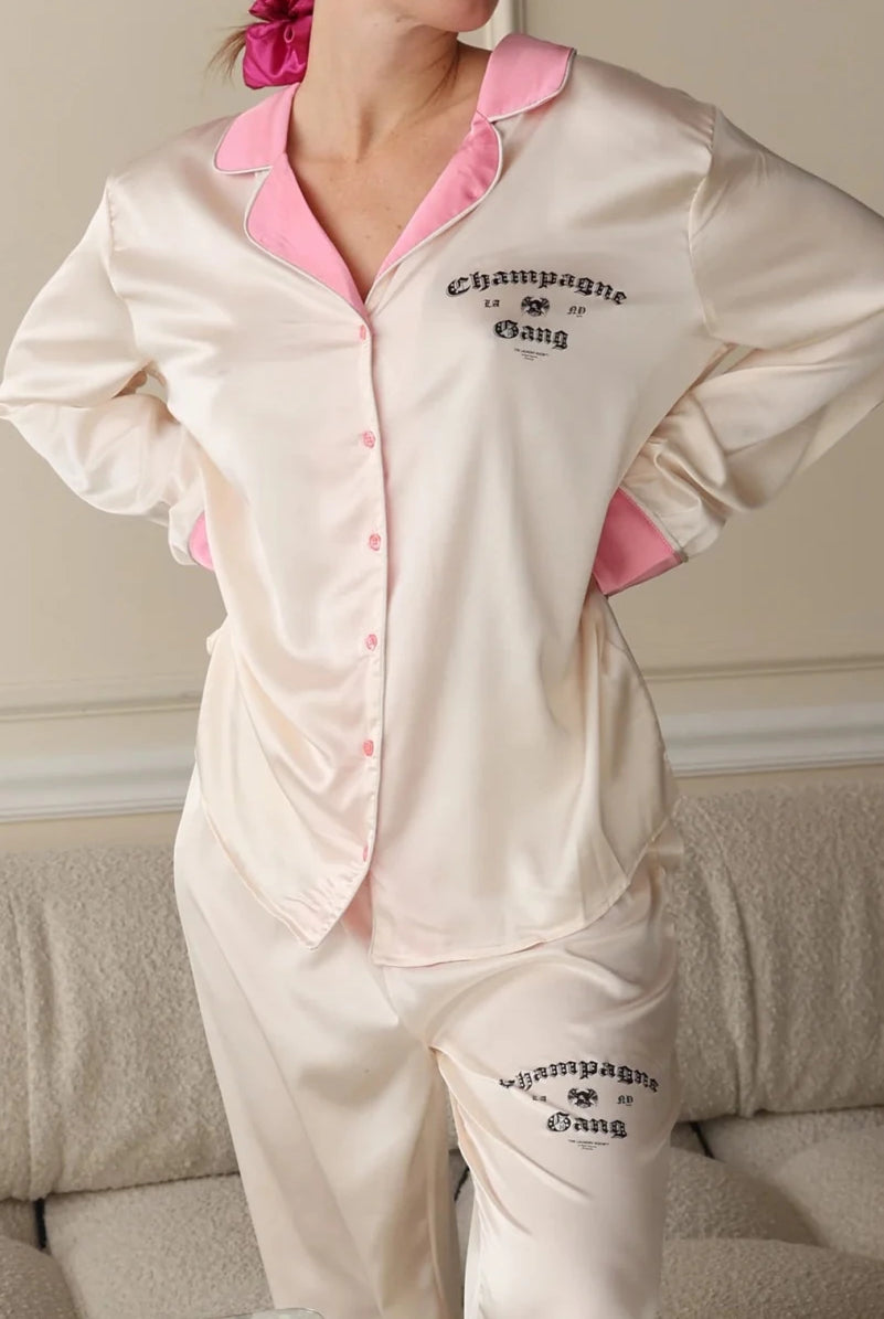 Shop The Laundry Room The Laundry Room Champagne Gang - Silky PJ Set Pyjamas for women – premium loungewear and festival fashion at Spoiled Brat