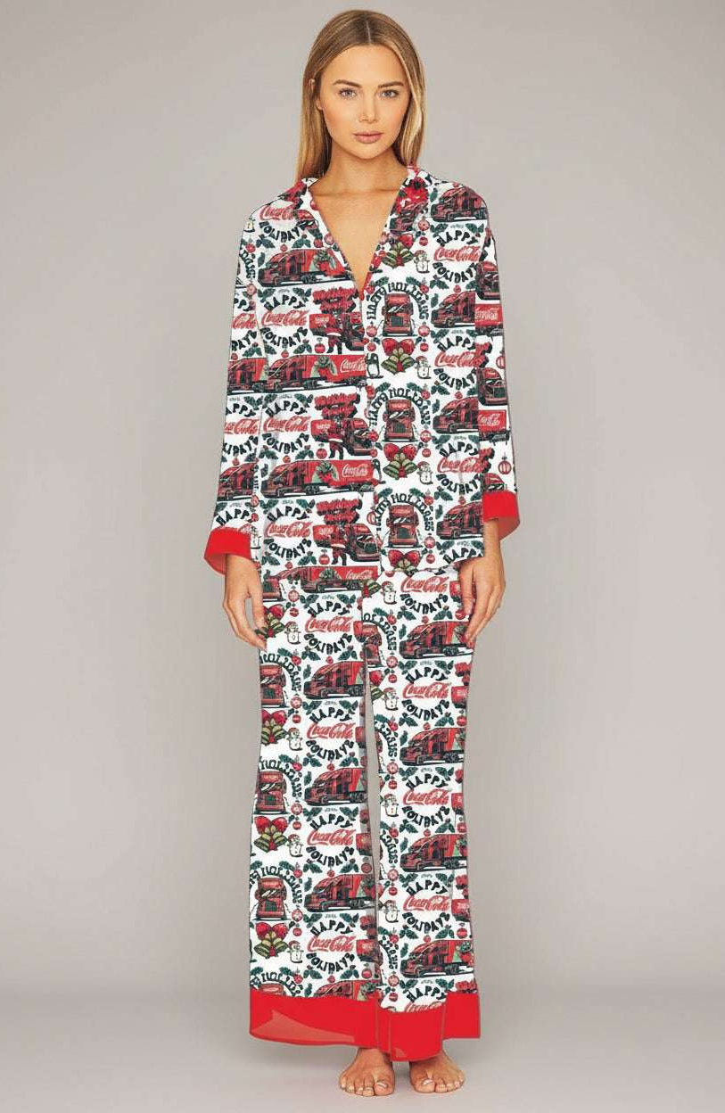 Shop The Laundry Room The Laundry Room Happy Coca - Cola Holidays Silky PJ Set Pyjamas for women – premium loungewear and festival fashion at Spoiled Brat