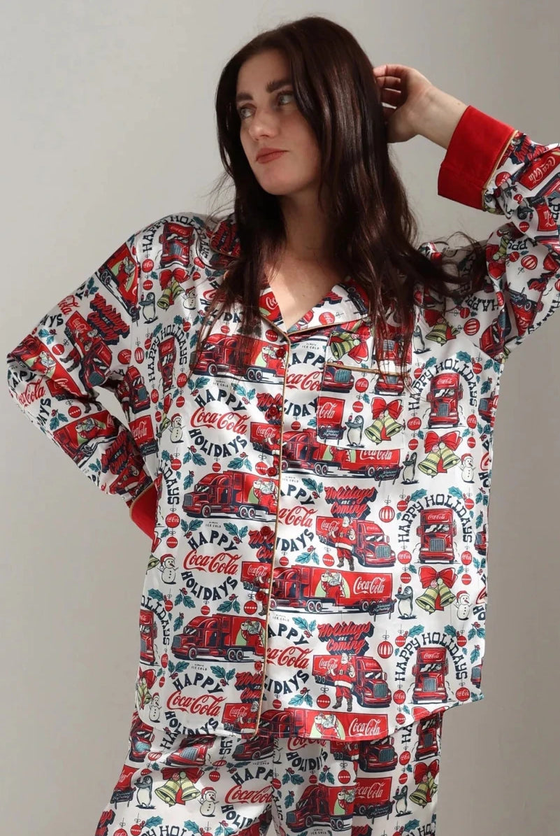Shop The Laundry Room The Laundry Room Happy Coca - Cola Holidays Silky PJ Set Pyjamas for women – premium loungewear and festival fashion at Spoiled Brat