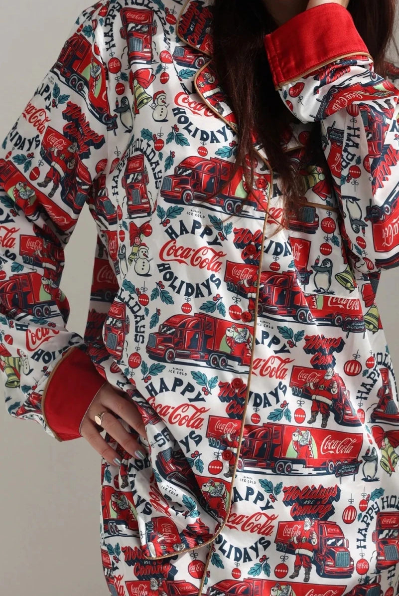 Shop The Laundry Room The Laundry Room Happy Coca - Cola Holidays Silky PJ Set Pyjamas for women – premium loungewear and festival fashion at Spoiled Brat