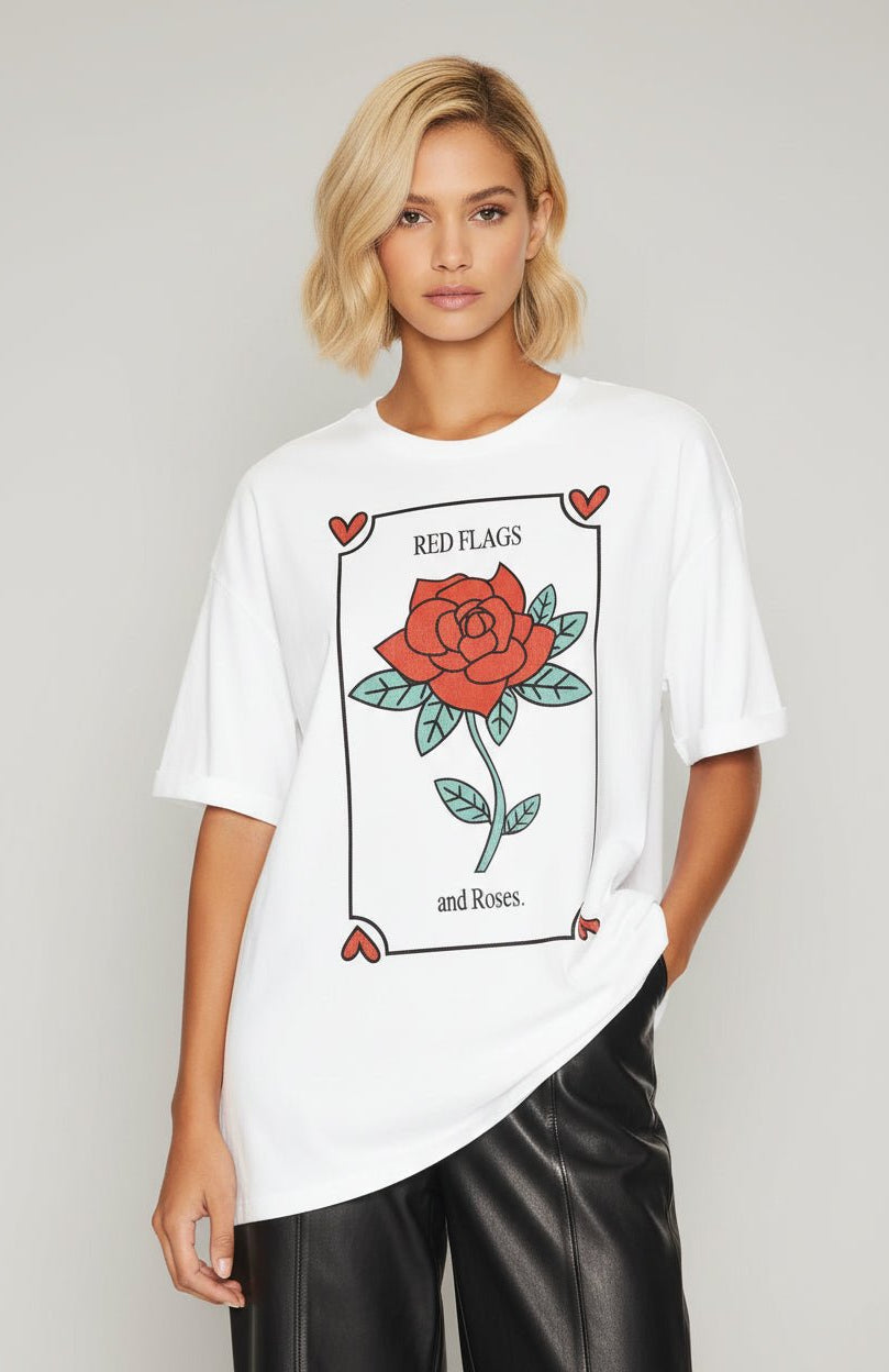Shop The Laundry Room The Laundry Room Red Flags And Roses Oversized Tee T-Shirt for women – premium loungewear and festival fashion at Spoiled Brat
