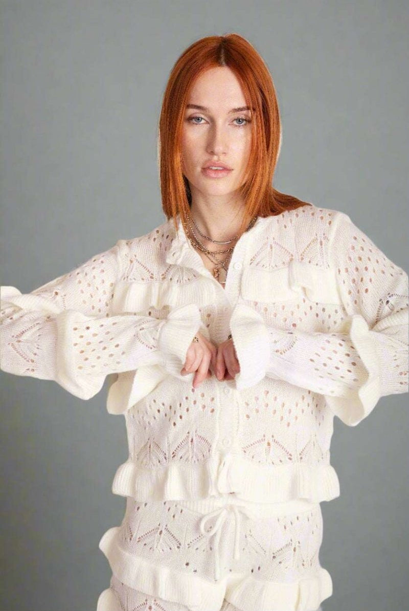 Shop The Ragged Priest The Ragged Priest Delicate Pointelle Frill Cardigan Cardigan for women – premium loungewear and festival fashion at Spoiled Brat