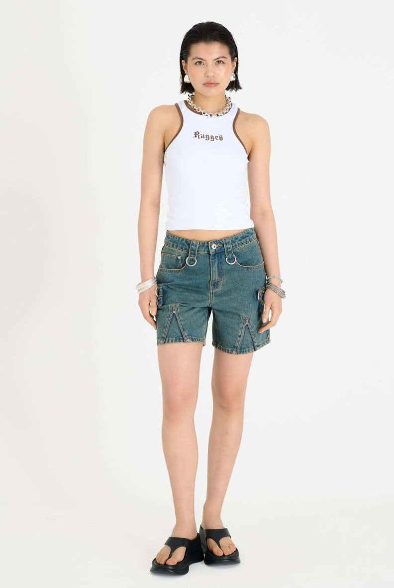 Shop The Ragged Priest The Ragged Priest Dirty Wash Bondage Dad Shorts Shorts for women – premium loungewear and festival fashion at Spoiled Brat