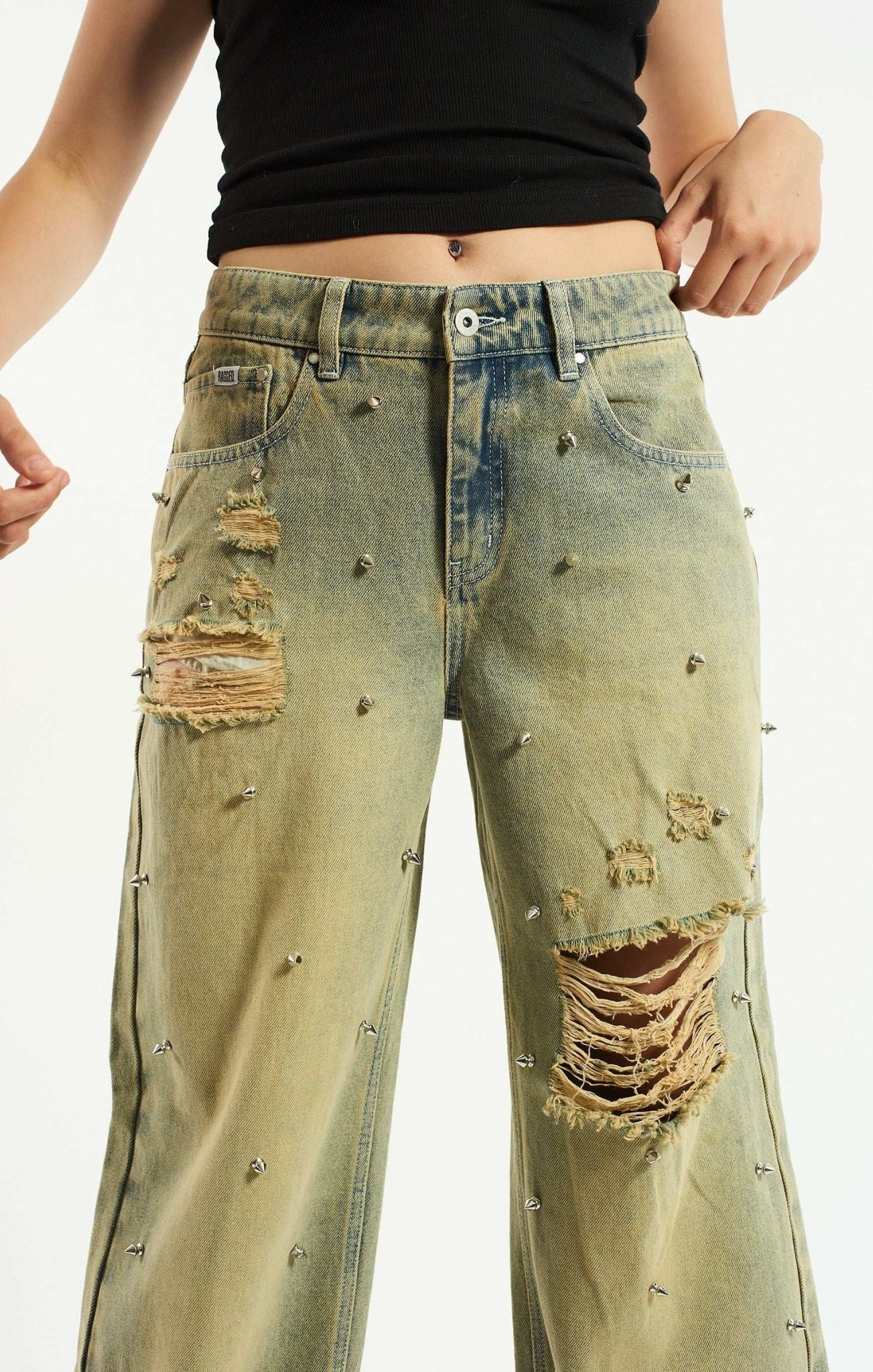 Shop The Ragged Priest The Ragged Priest Dirty Wash Distressed Release Stud Jeans Boyfriend Jeans for women – premium loungewear and festival fashion at Spoiled Brat