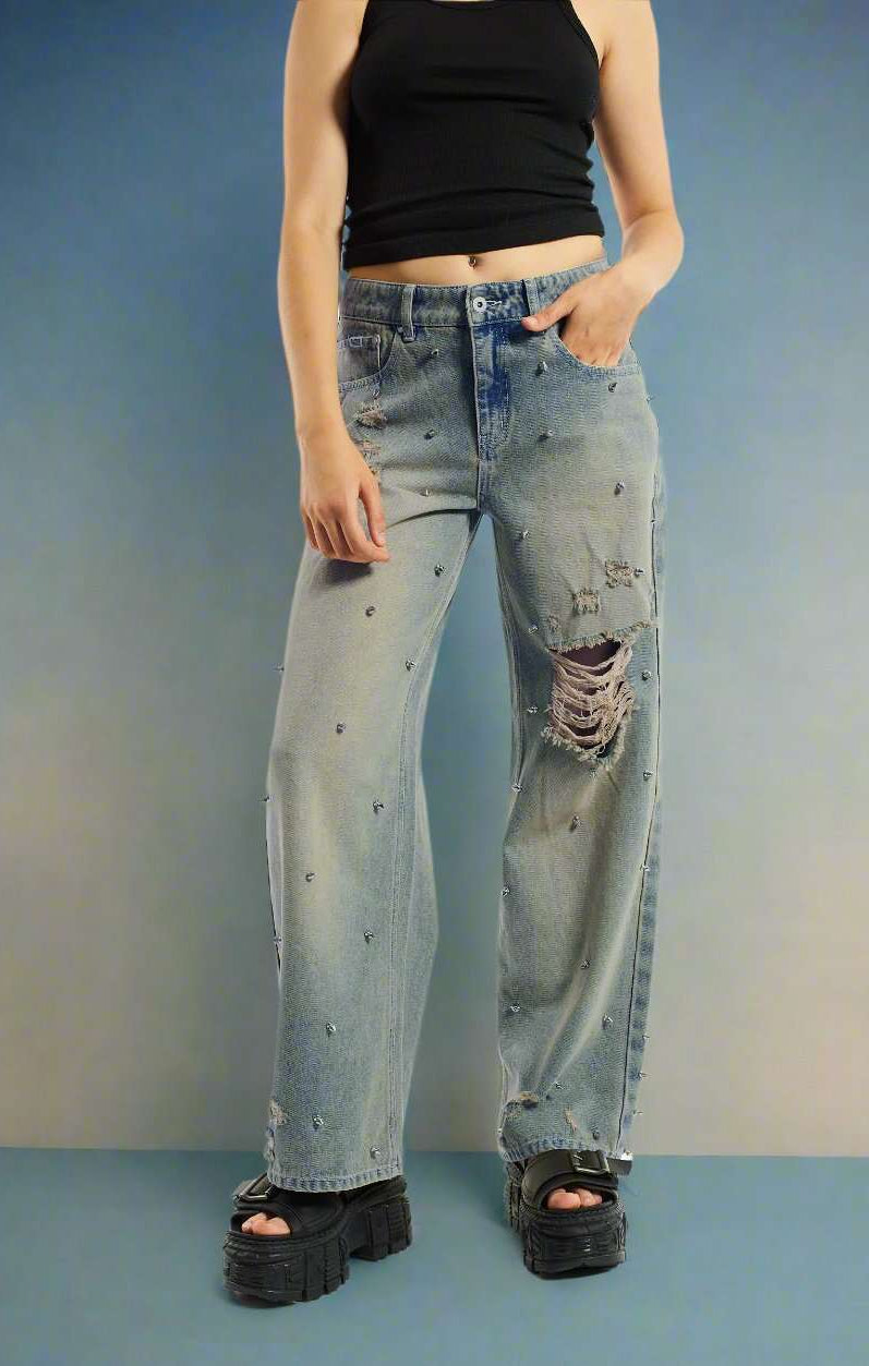 Shop The Ragged Priest The Ragged Priest Dirty Wash Distressed Release Stud Jeans Boyfriend Jeans for women – premium loungewear and festival fashion at Spoiled Brat