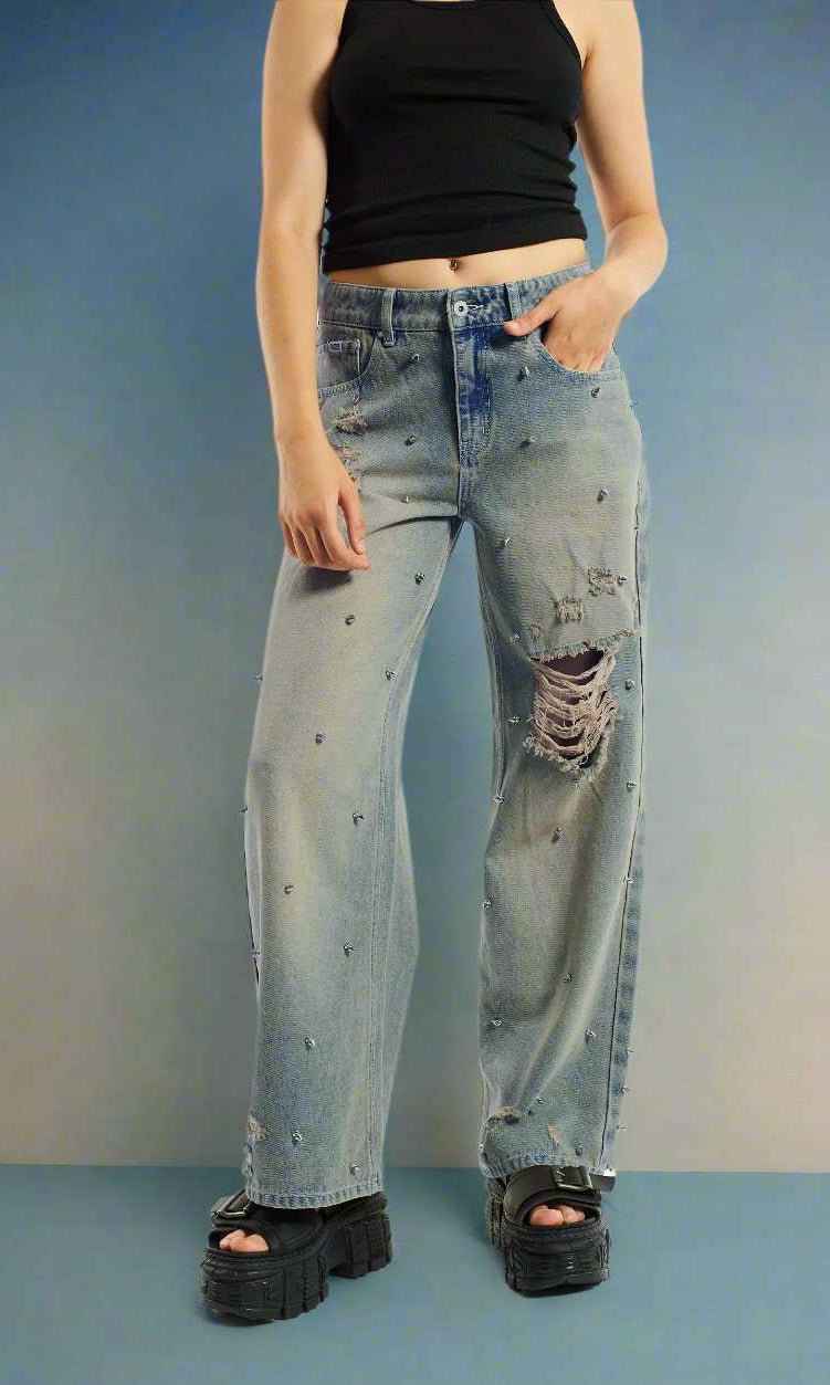 Shop The Ragged Priest The Ragged Priest Dirty Wash Distressed Release Stud Jeans Boyfriend Jeans for women – premium loungewear and festival fashion at Spoiled Brat