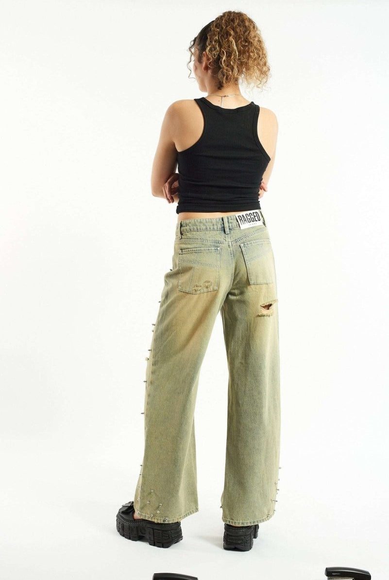 Shop The Ragged Priest The Ragged Priest Dirty Wash Distressed Release Stud Jeans Boyfriend Jeans for women – premium loungewear and festival fashion at Spoiled Brat