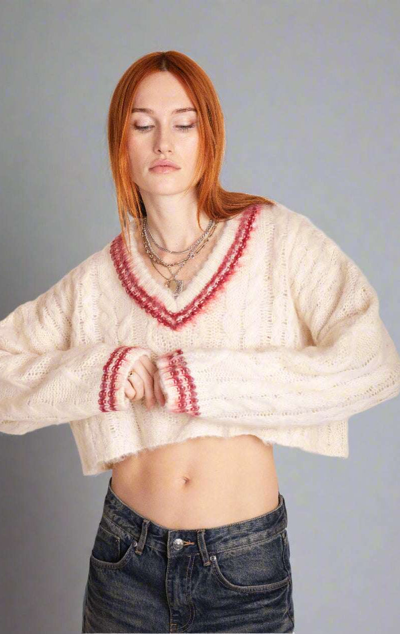 Shop The Ragged Priest The Ragged Priest Load Varsity Crop Cable Knit Jumper Jumper for women – premium loungewear and festival fashion at Spoiled Brat