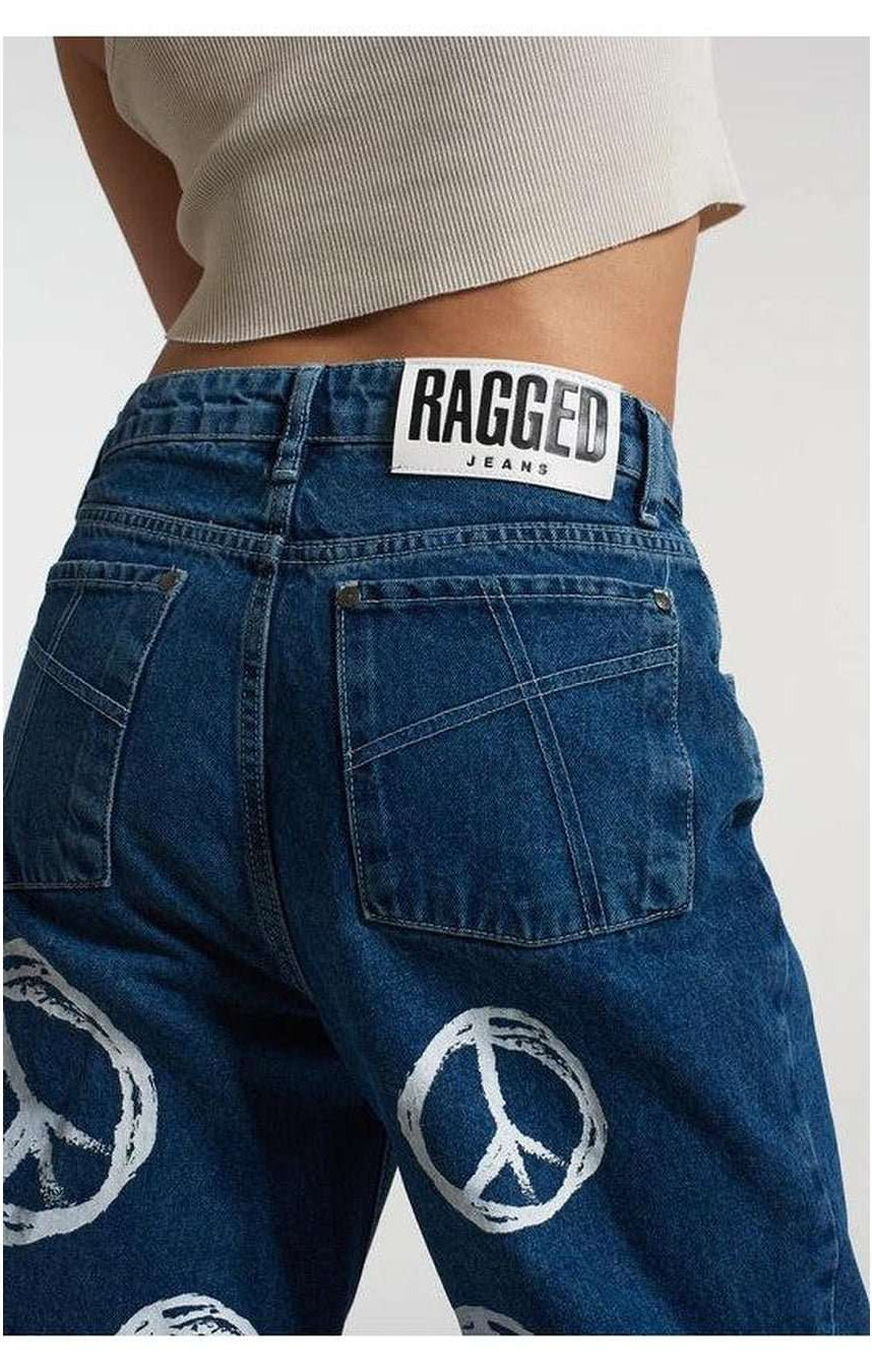 The Ragged Priest Peace Printed Dad Jeans as seen on Chloe Sims | Boyfriend Jeans by The Ragged Priest | Shop Premium Boutique Fashion at Spoiled Brat | Trendy Y2K style. '_badge_Celeb_Pick, 2000, 90 style clothes | Image 2