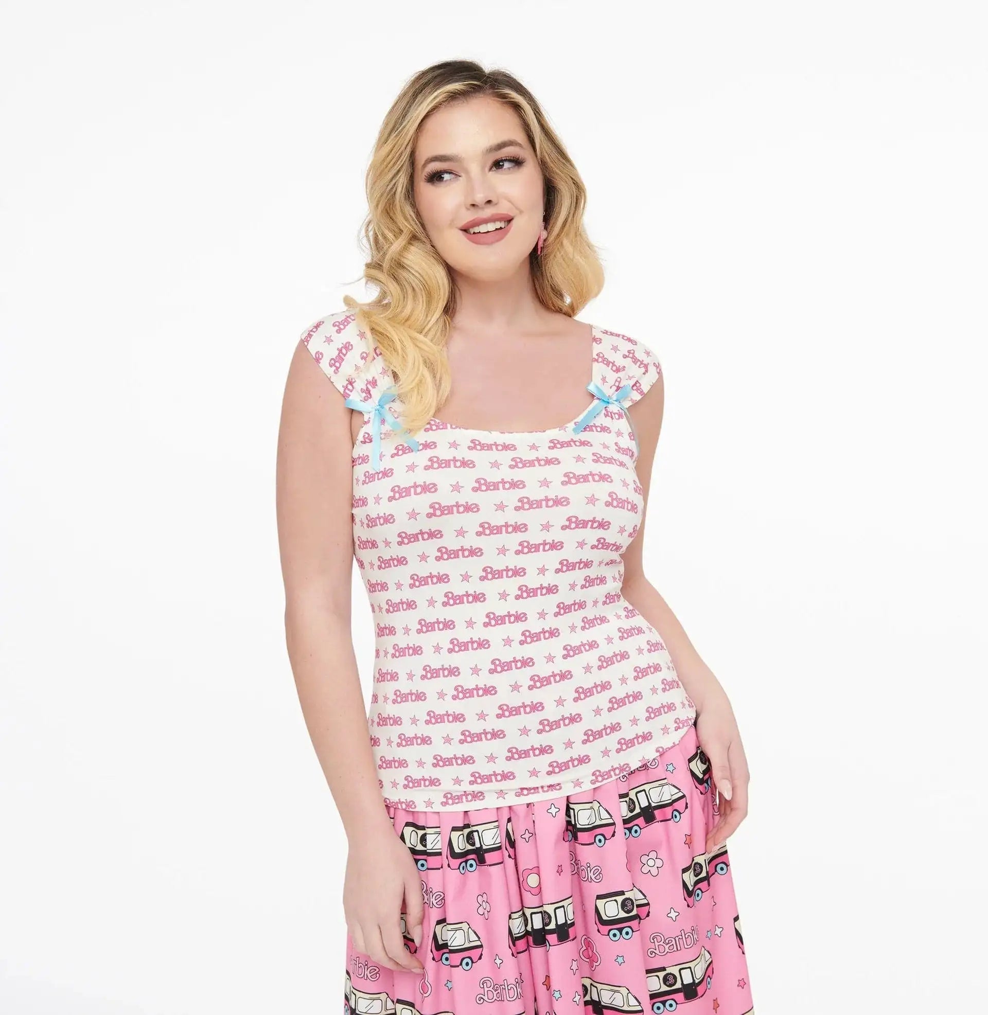 Shop Unique Vintage Barbie X Unique Vintage White & Pink Barbie Print Tank Top Cami Top for women – premium loungewear and festival fashion at Spoiled Brat