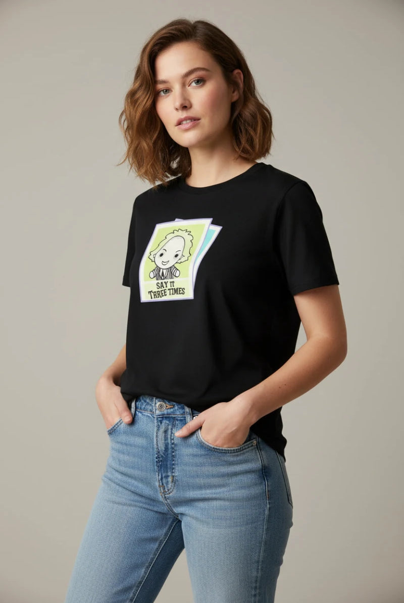Shop Unique Vintage Beetlejuice X Unique Vintage Black Beetlejuice Polaroid Fitted Tee T-Shirt for women – premium loungewear and festival fashion at Spoiled Brat
