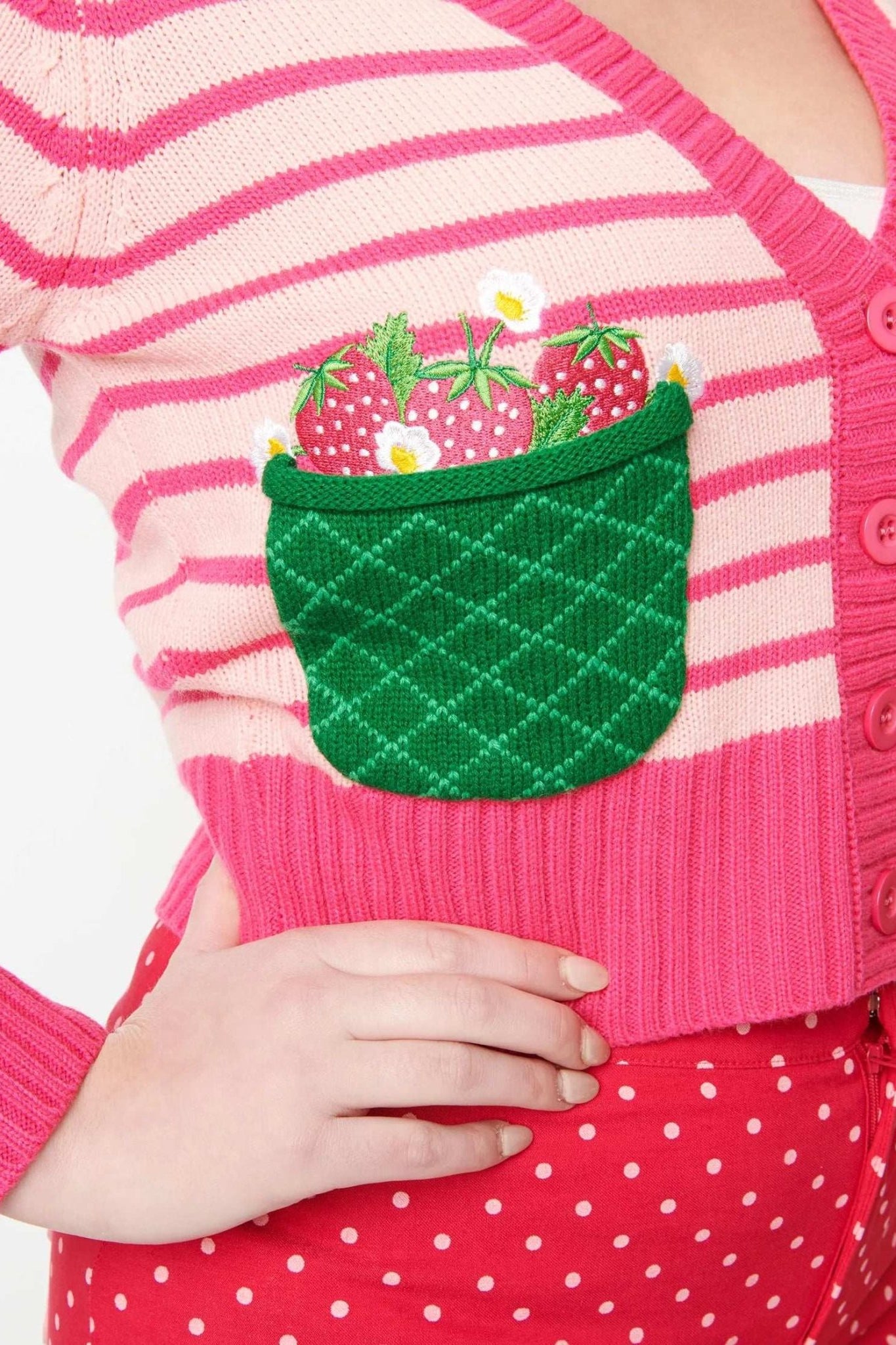Shop Unique Vintage Smak Parlour 1960s Pink Stripes & Strawberry Pocket Cardigan Cardigan for women – premium loungewear and festival fashion at Spoiled Brat