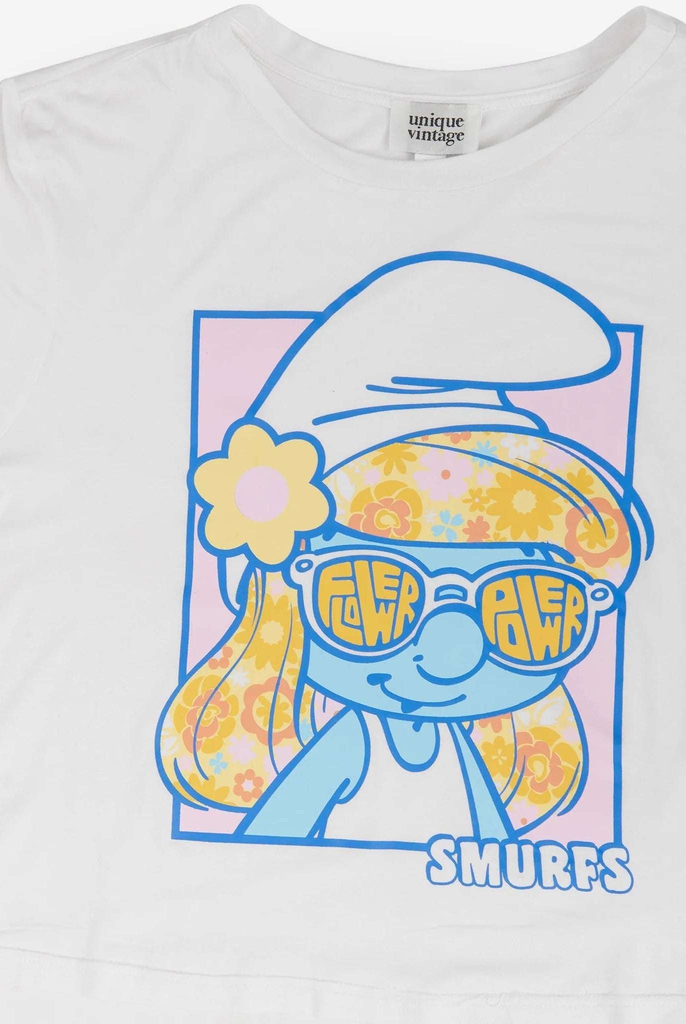 The Smurfs x Unique Vintage White Cropped Graphic Tee Top by Unique Vintage as seen on celebrities
