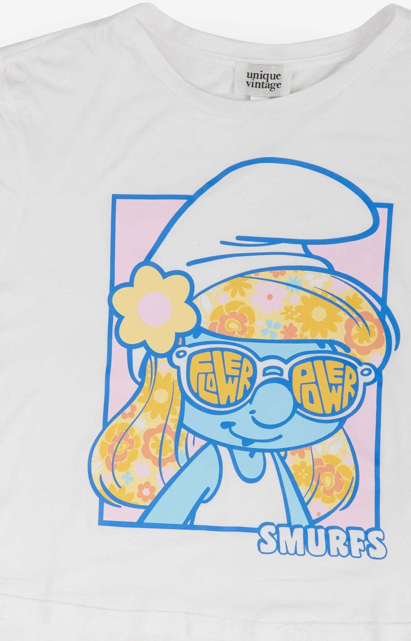 The Smurfs x Unique Vintage White Cropped Graphic Tee Top by Unique Vintage as seen on celebrities