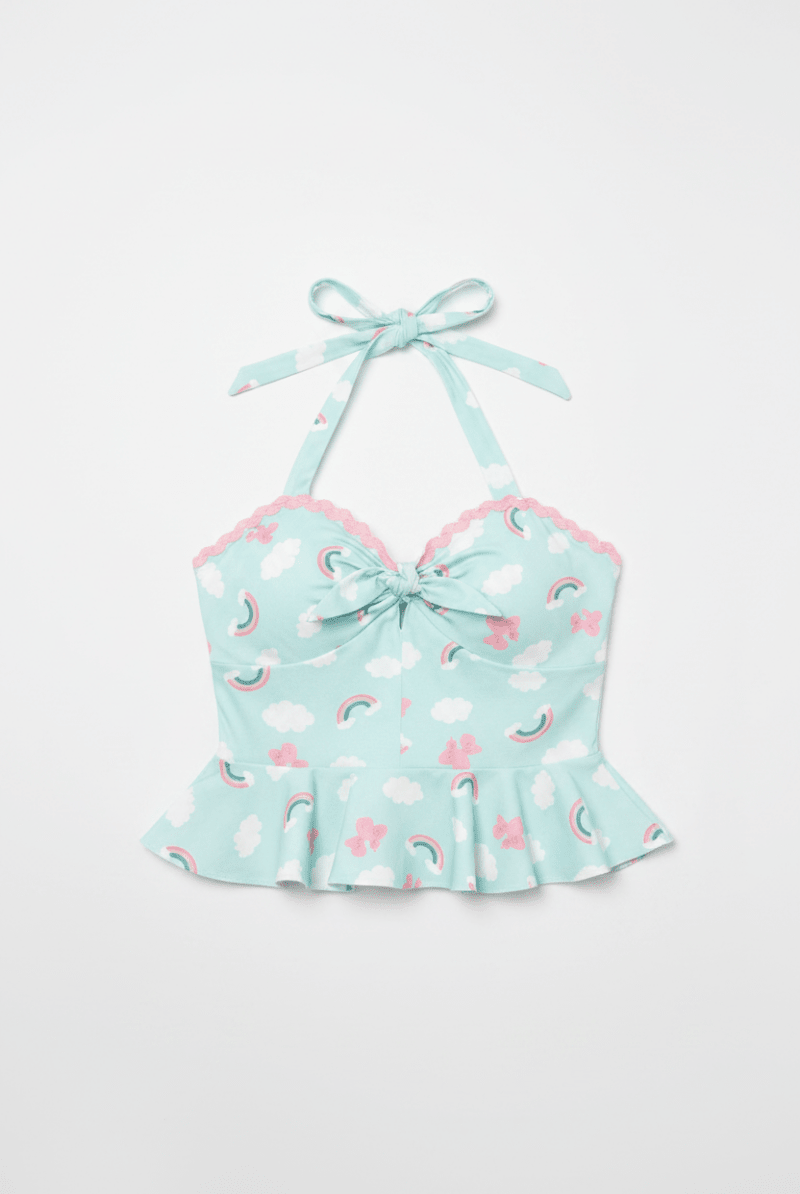 Shop Unique Vintage Unique Vintage Aqua & Rainbow Print Peplum Halter Top Top for women – premium loungewear and festival fashion at Spoiled Brat