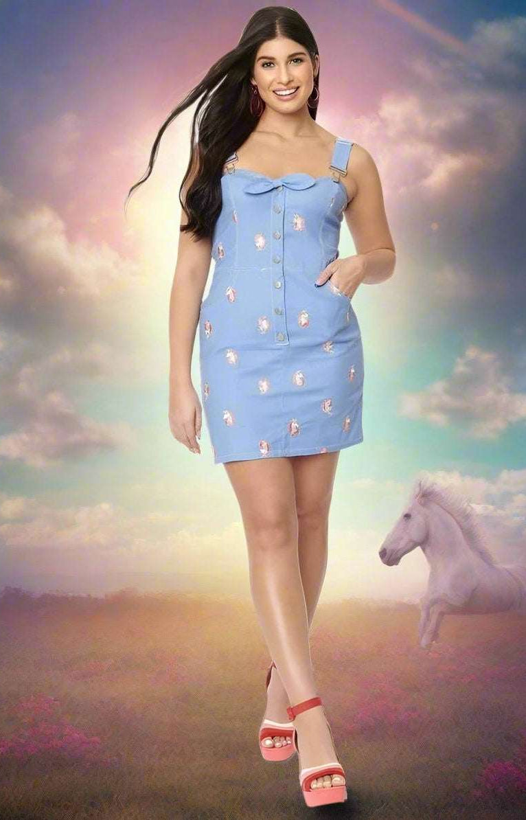 Unique Vintage Periwinkle Denim & Unicorn Fitted Pinafore Dress by Unique Vintage as seen on celebrities