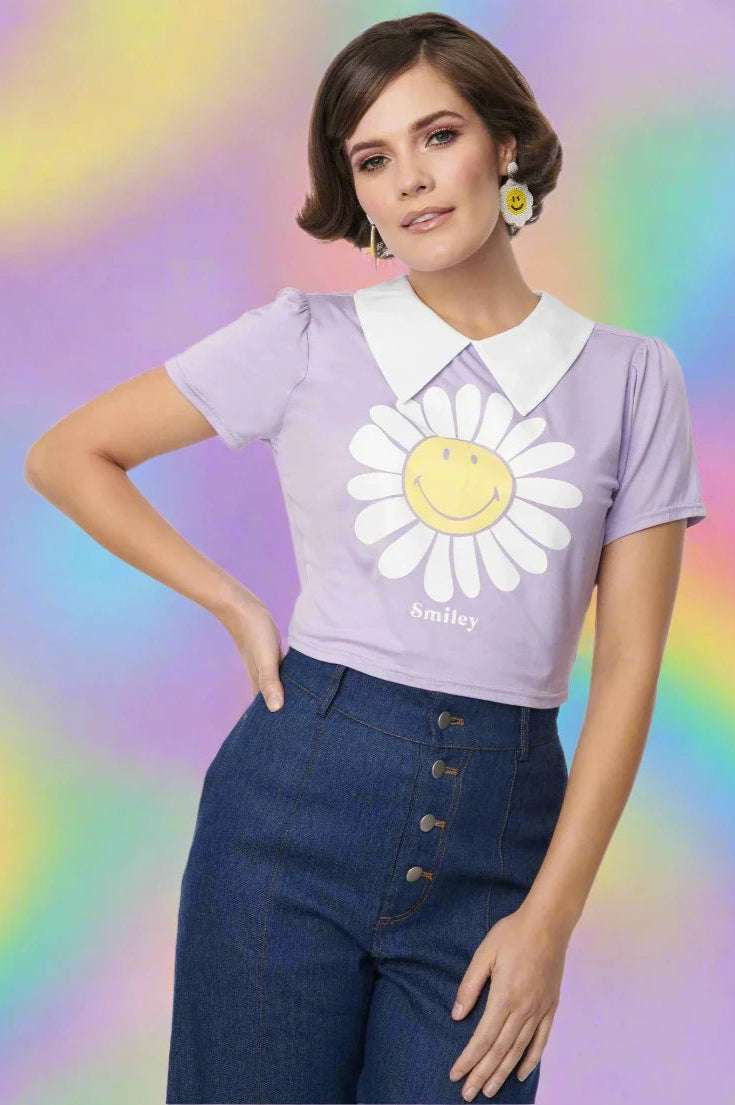 Shop Unique Vintage Unique Vintage x Smiley® Purple Flower Tee Top Top for women – premium loungewear and festival fashion at Spoiled Brat