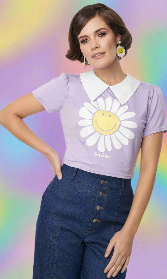 Shop Unique Vintage Unique Vintage x Smiley® Purple Flower Tee Top Top for women – premium loungewear and festival fashion at Spoiled Brat