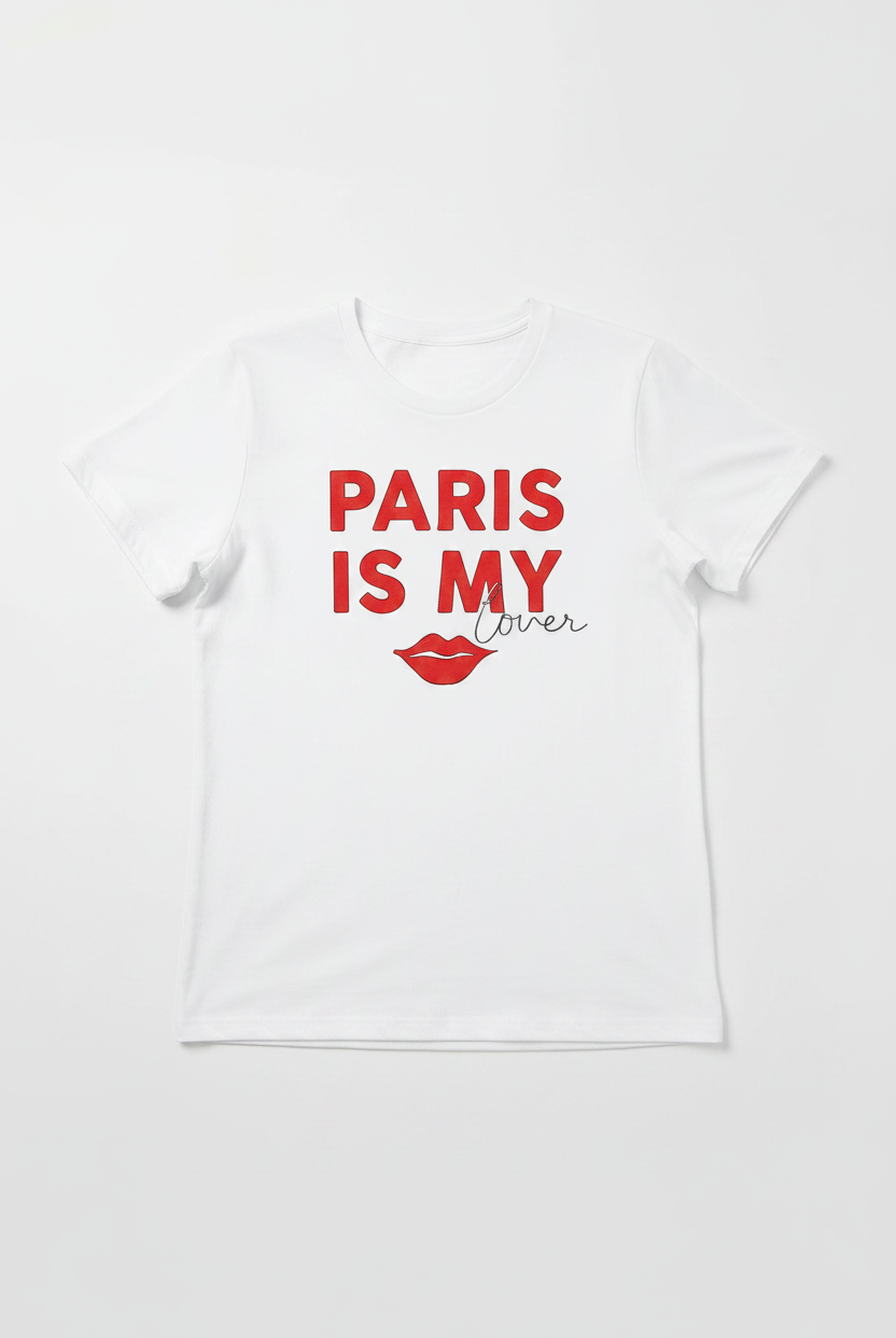 White t-shirt with 'Paris is my Lover' text and red lip print on a white background