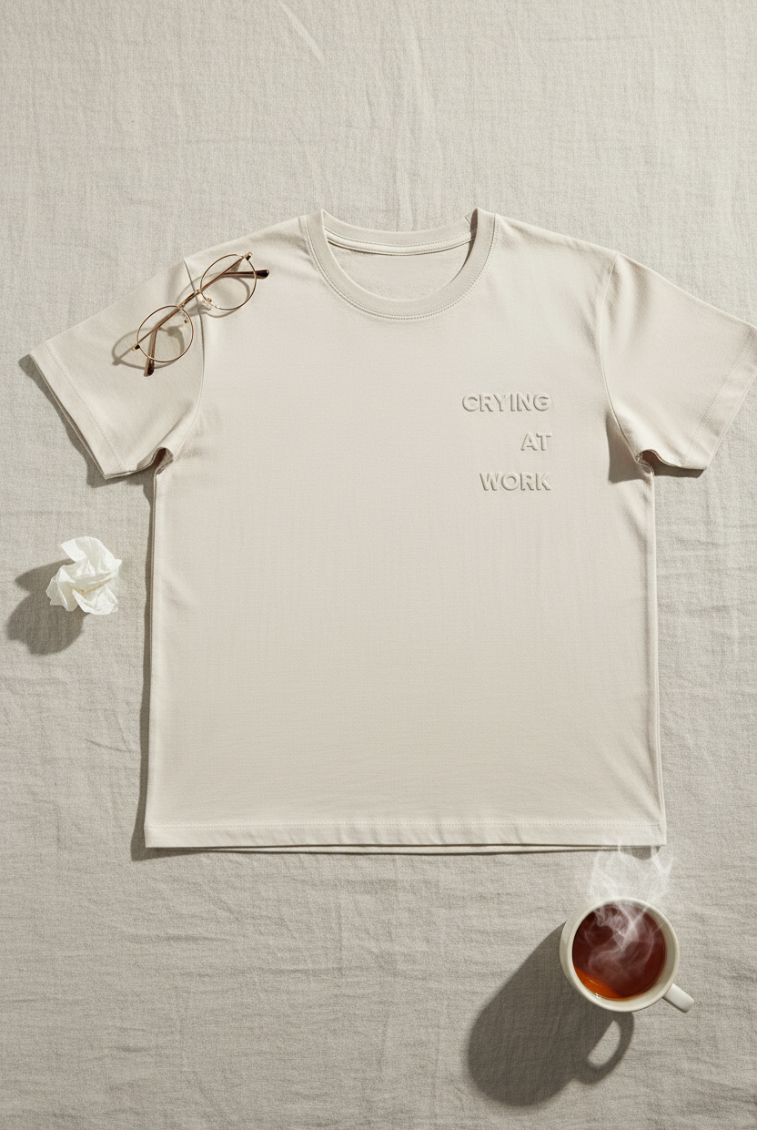 Beige t-shirt with 'DRINKING AT WORK' text on a light fabric background with glasses and a mug.
