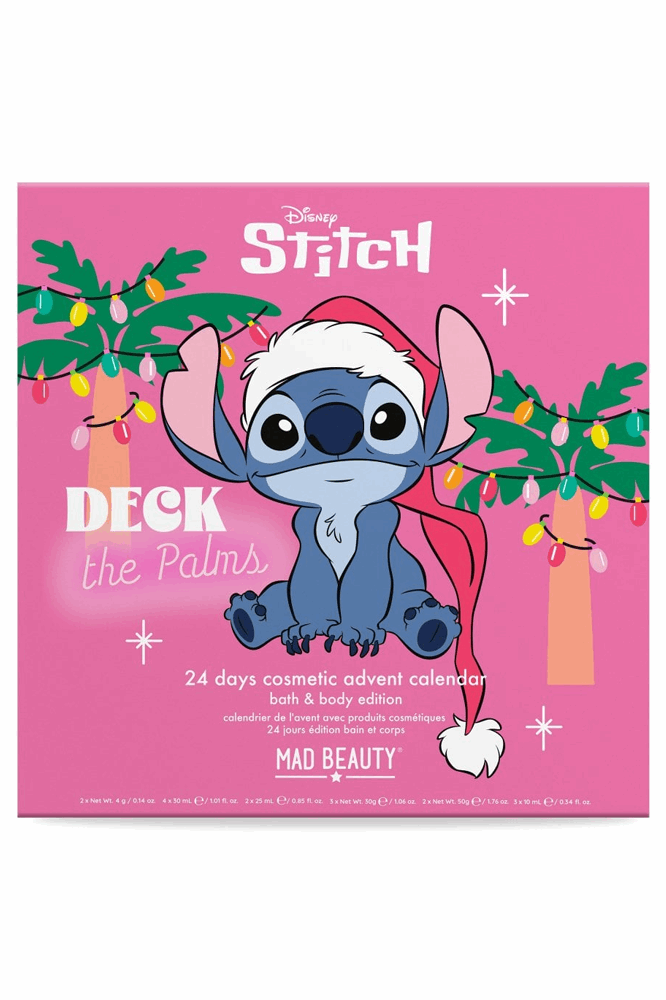 Disney Stitch advent calendar packaging on a pink background