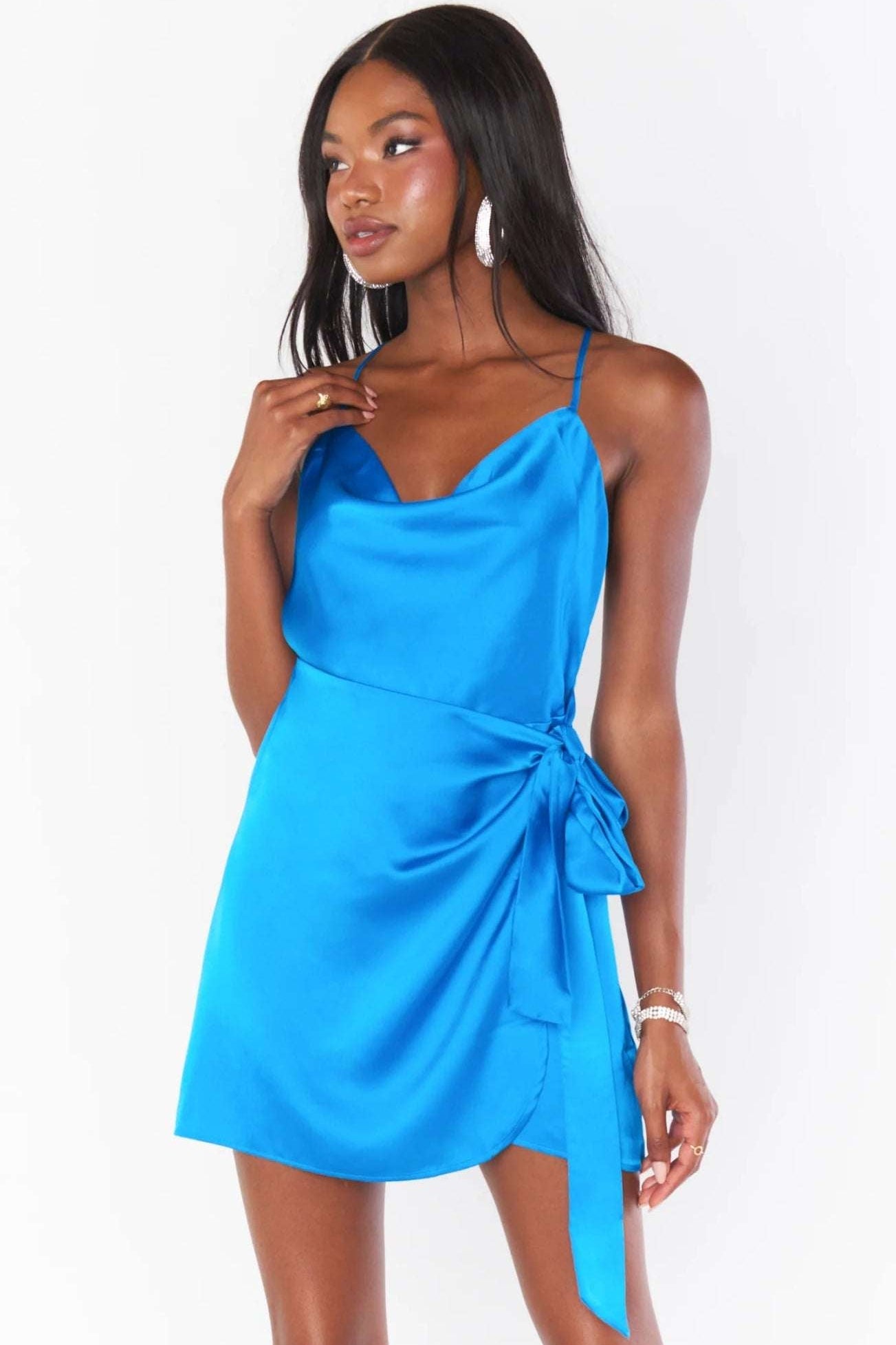 Shop Show Me Your Mumu Show Me Your Mumu Eve Blue Satin Mini Dress Party Dress for women – premium loungewear and festival fashion at Spoiled Brat