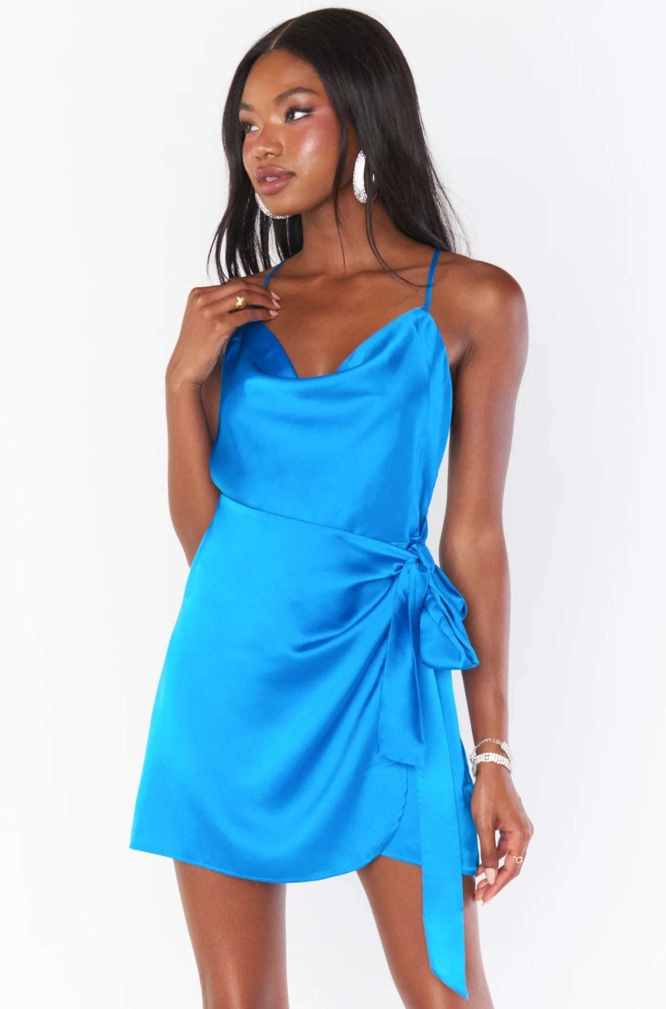 Shop Show Me Your Mumu Show Me Your Mumu Eve Blue Satin Mini Dress Party Dress for women – premium loungewear and festival fashion at Spoiled Brat